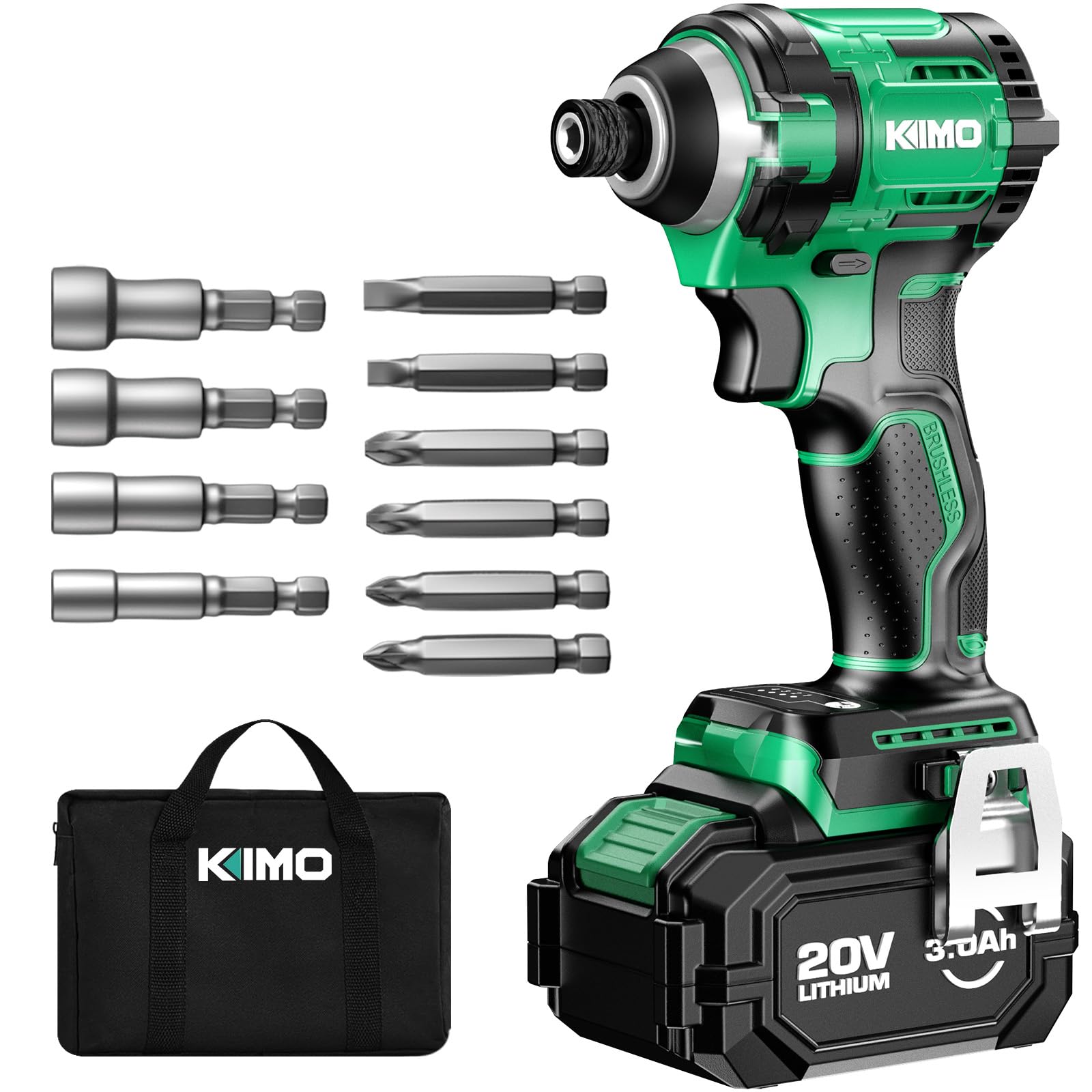 KIMO インパクトドライバー セット 20V 200N?m 高回転 電動 ブラシレス 4モード 無段変速・正逆転両用 充電式 LEDライト付き 過負荷/過熱保護 DIY 日曜大工 家具の組立て ビット6本 ソケット4本 3.0Ahバッテリー バッグ 日本