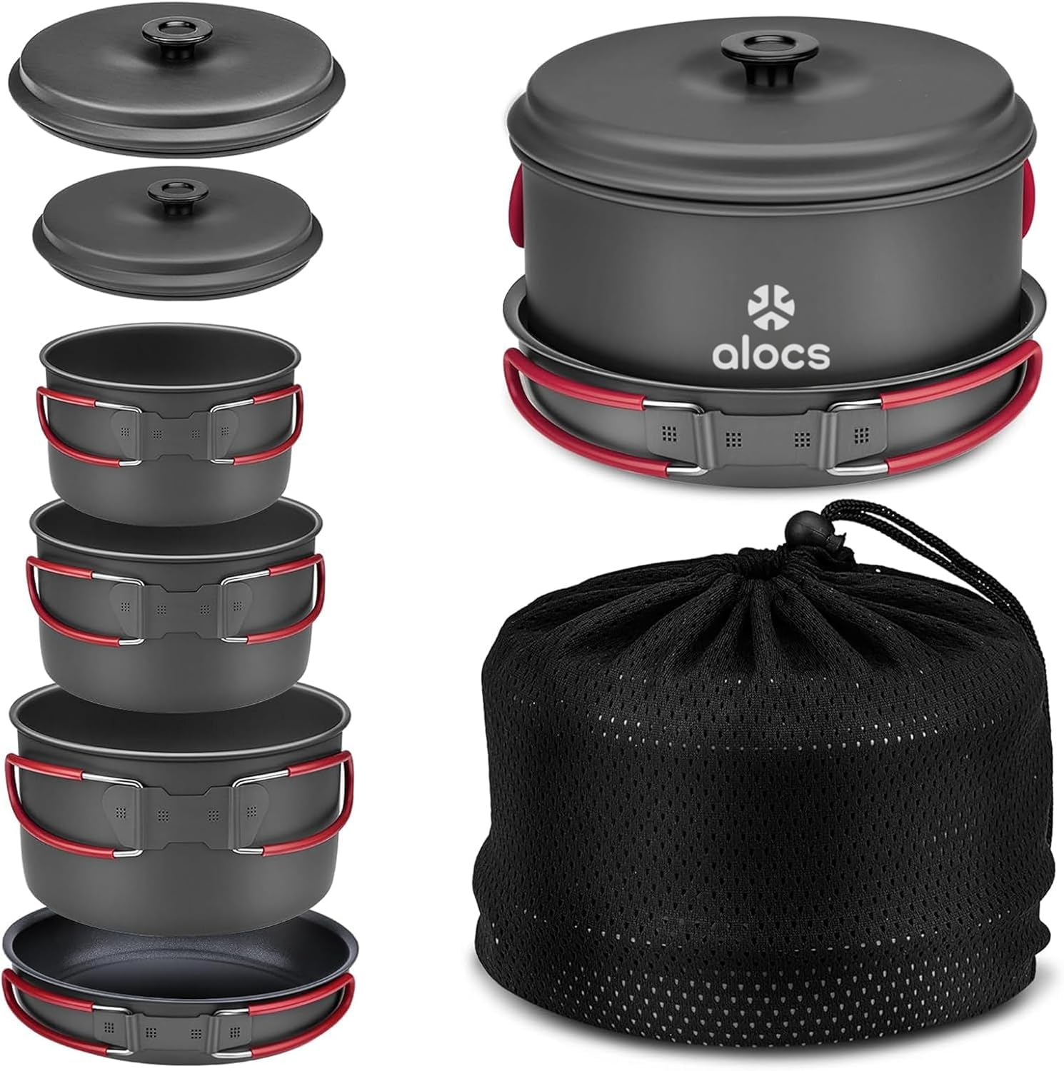 Alocs クッカーセット 軽量キャンプ 鍋 5点セット アルミ製 ハードアナダイズド加工 ノンスティック フライパン付き 2-4人に適応 炊飯 登山用品 防災 収納袋付き