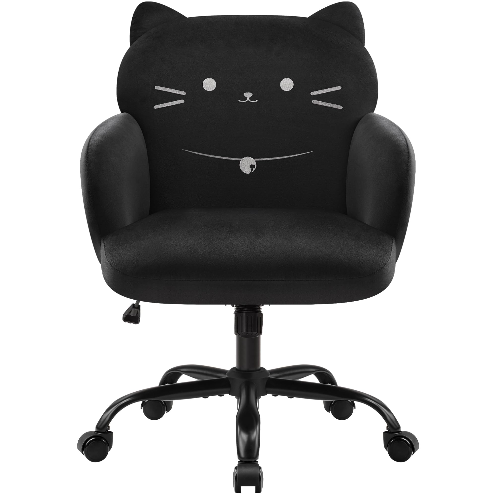 IWMH オフィスチェア デスクチェア パソコンチェア イス メイクチェア 猫耳 にゃんこ顔刺 ベロア調 事務椅子 あぐら 椅子 360 度回転 昇降機能 静音キャスター 組立簡単 ホームオフィス/在宅勤務/勉強/メイク用 (ブラック)｜RENEW