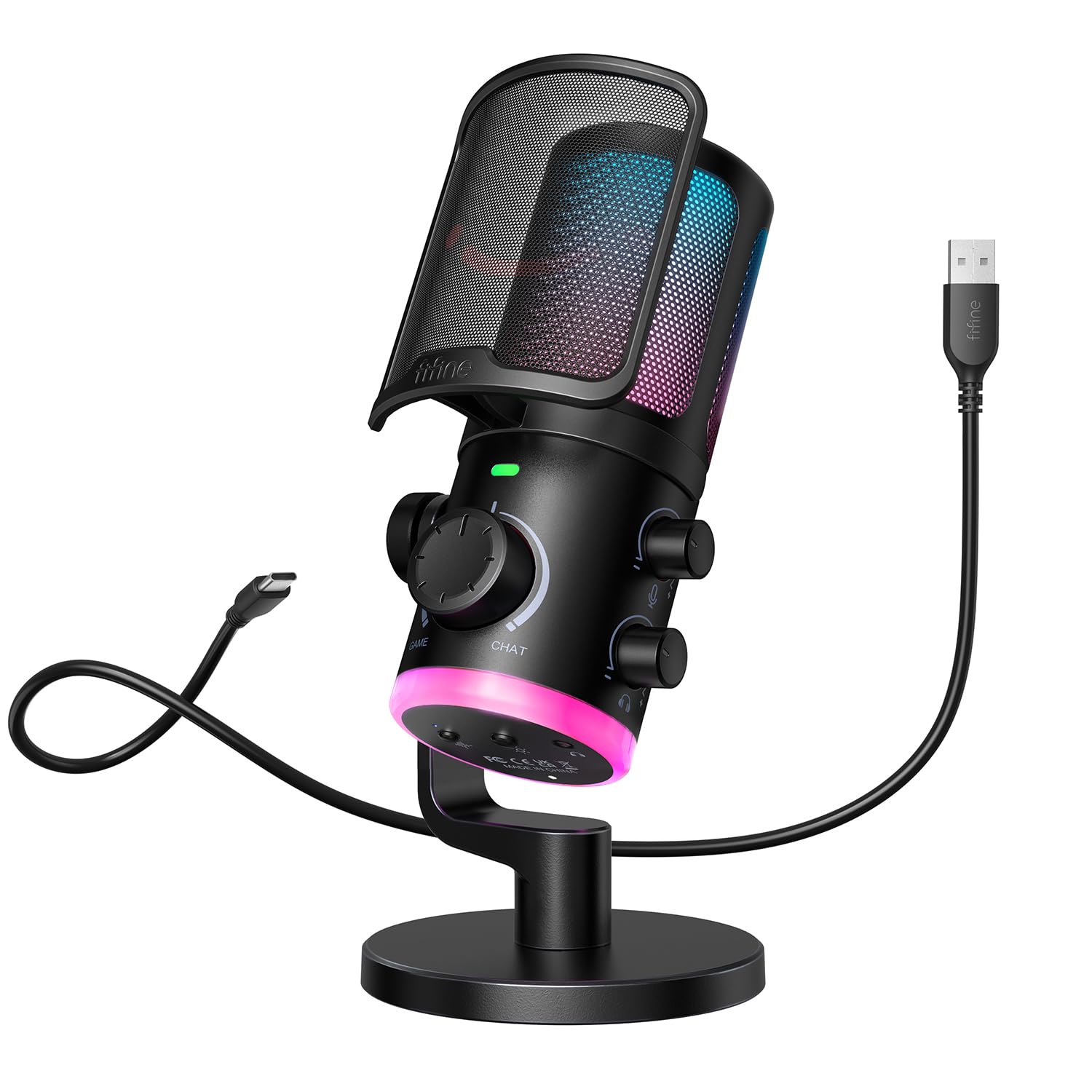 FIFINE USB コンデンサーマイク ゲーム/チャットラウティング PC用 ゲーミングマイク 単一指向性 RGB制御 音量調整 ミュートボタン ノイズキャンセリング機能 Discord ゲーム実況 ライブ配信 ストリーミング Windows/Mac/P