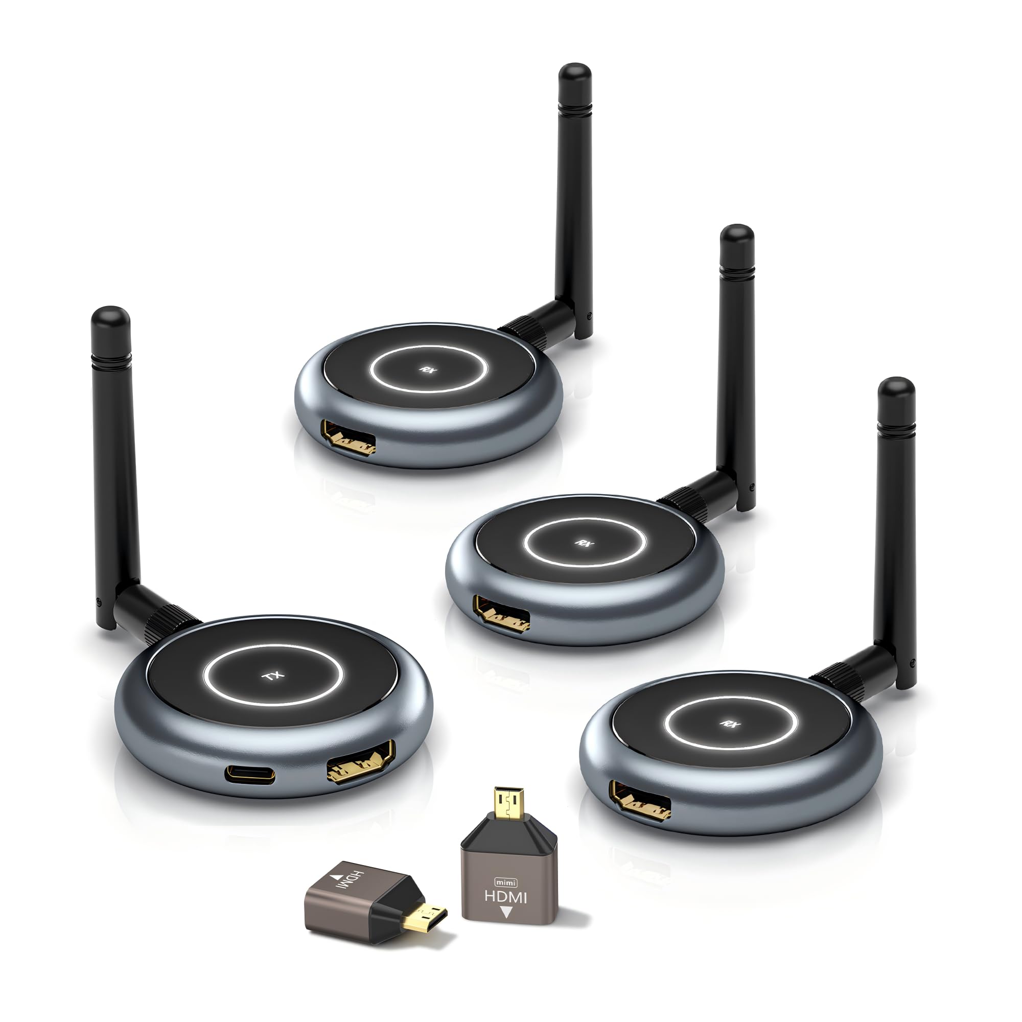 AIMIBO ワイヤレス HDMI 送受信 1×送信機+3×受信機セット HDMI 無線化 受信機最大4台増設可能 拡張モード対応 1080P/5Ghz/50m安定転送距離 HDMI 無線 映像音声同期出力 ストリーミングメディア 日本技適認証済
