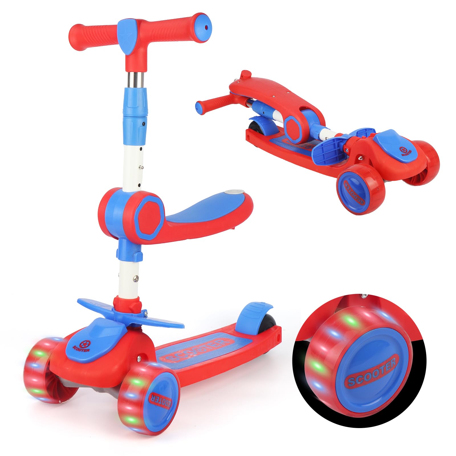 LittleSo キックボード 子供 3輪 キッズスクーター キックスクーター 2way 4段階高さ調整 シート 座る LED光るタイヤ ブレーキ付き 折り畳み式 3~10歳 三輪車 室内 アウトドア 耐荷重約100kg 男の子 女の子 小学生 誕生日 プ
