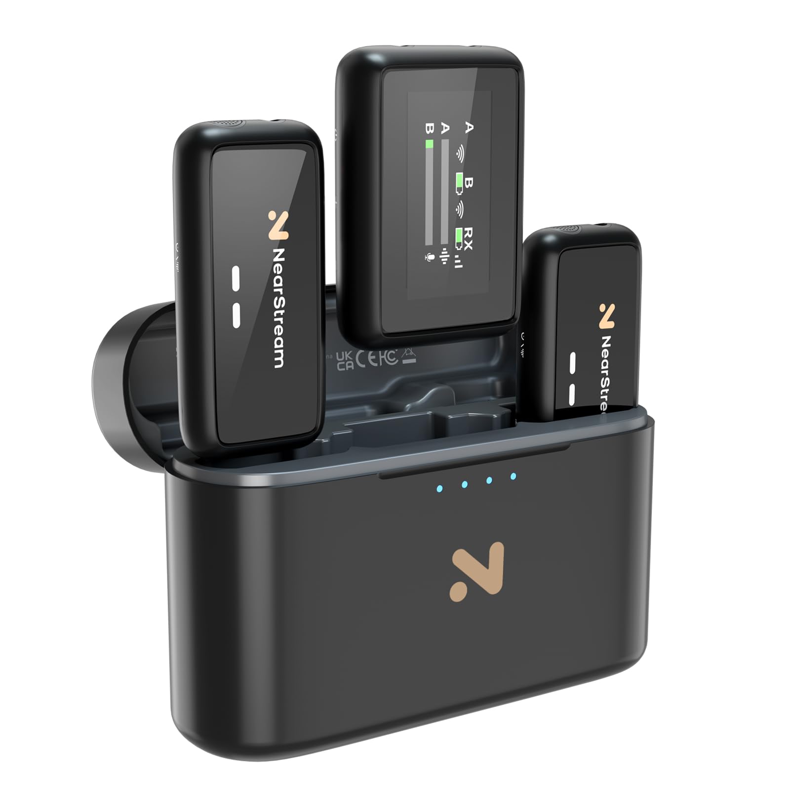 NearStream ワイヤレス ラベリア マイク Mic 小型軽量 200M無線伝送 2.4GHz ワイヤレス 最大20時間使用可能 技適証明取得済み 外付け ピン/クリップマイク ノイズキャンセリング 「送信機2台+受信機1台+充電ケース」 デュアルチ