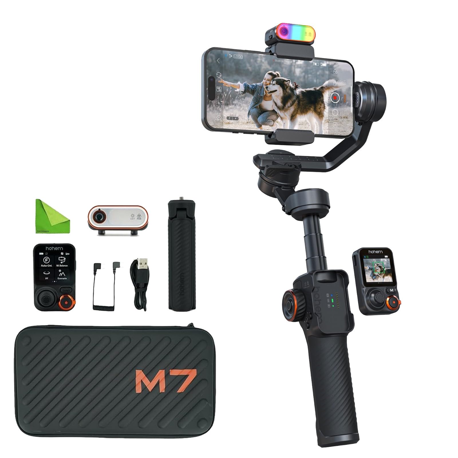 hohem M7 AIトラッキングスマートフォンジンバル3軸電話スタビライザー、1.4インチフルカラータッチスクリーン、マグネット、フィルライト、iPhone＆Androidビデオ録画用延長ポール付き