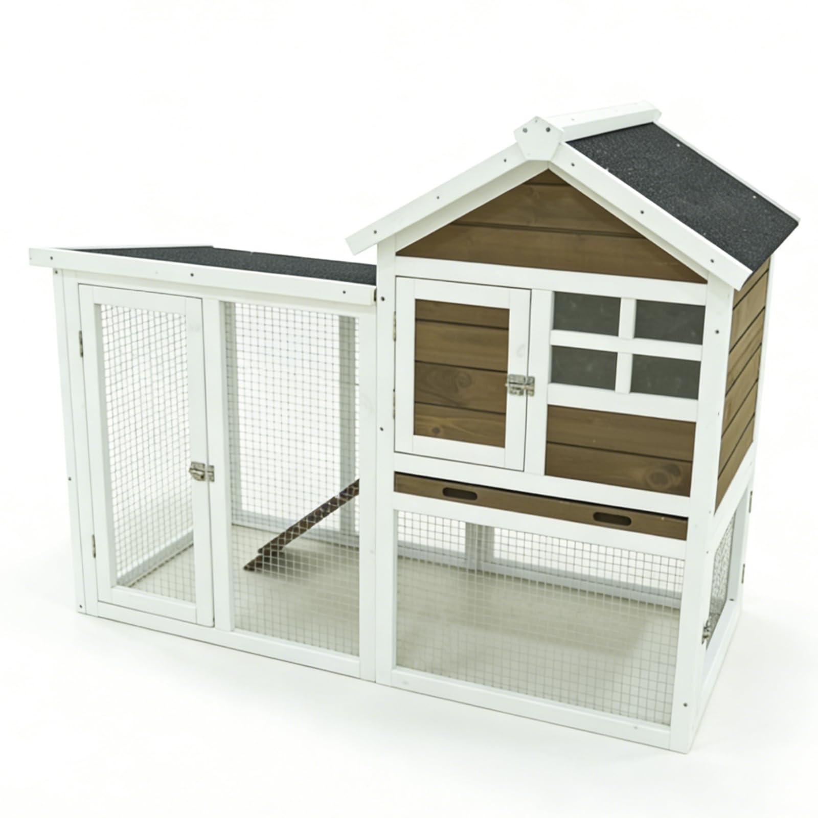 ウッドラビットケージ, 室外室内兼用, 二階建て設計, メッシュ付き, 小動物用ハウス, ホワイト&ナチュラル (ブラウン)|RENEW