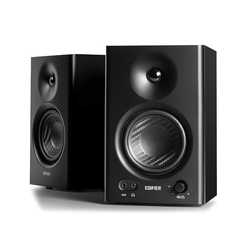 Edifier MR4 42W モニタースピーカー、PC パソコン 作曲 スタジオモニター 用 アンプ内蔵 音質高 有線 外付け スピーカー、モニターモード/音楽モード対応、TRSバランス/RCA/AUX入力、3.5mm ヘッドホン端子出力 黒|RENEW