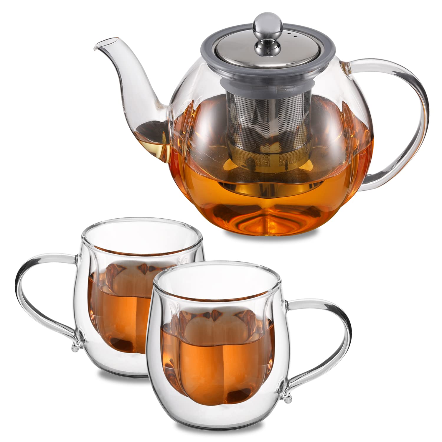 VKCHEF ティーポットセット 1000ｍｌ大容量 グラスカップ2個 270ｍｌ＊2 耐熱ガラス 急須 紅茶 ポット おしゃれ 透明 茶こし付き 直火可 食洗機対応 電子レンジ対応 お茶ポット クリアティーポット 緑茶 紅茶 茶ポット ３点入