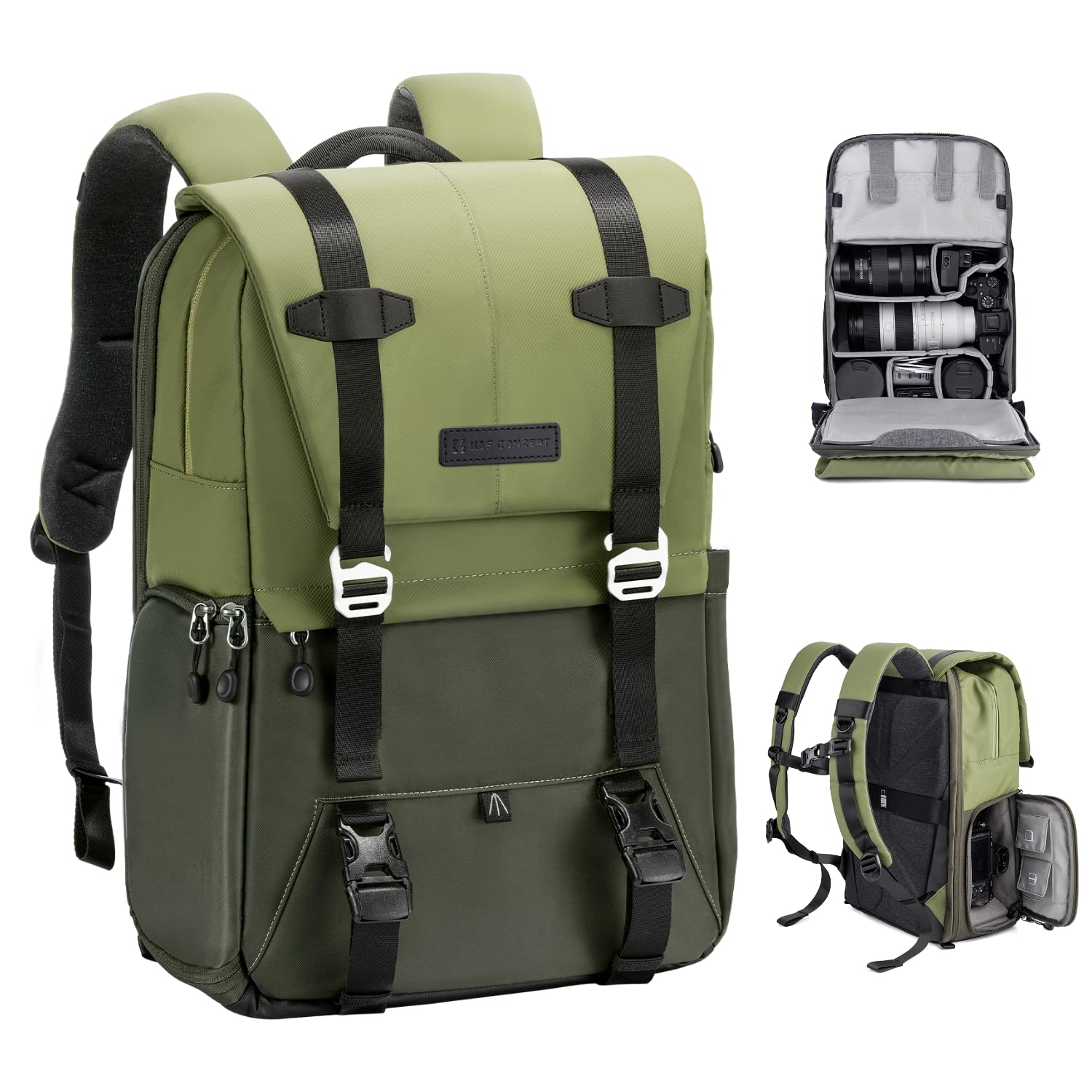 K＆F Concept カメラバッグ おしゃれ カメラリュック カメラバックパック 2気室 20L 大容量 レインカバー付き 撮影バッグ 防水 一眼レフ/DSLRカメラ/レンズ/16インチPC/三脚収納可 出張/旅行/撮影用バッグ｜RENEW