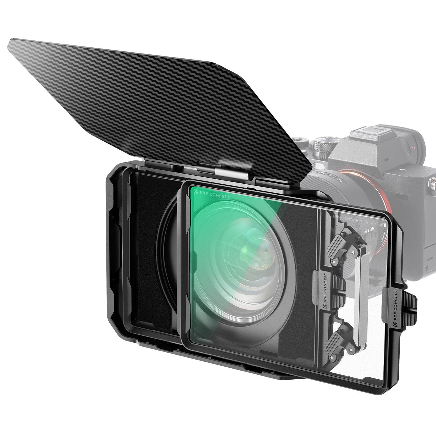 K&F Concept ミニマットボックス 1/4ブラックミスト 4x5.65インチ Mini Matte Box カーボンファイバー製 67mm/72mm/77mm/82mm/95mmのアダプターリング付き 2枚の角型フィルター装着可能 収納ケース付属 ｜RENEW