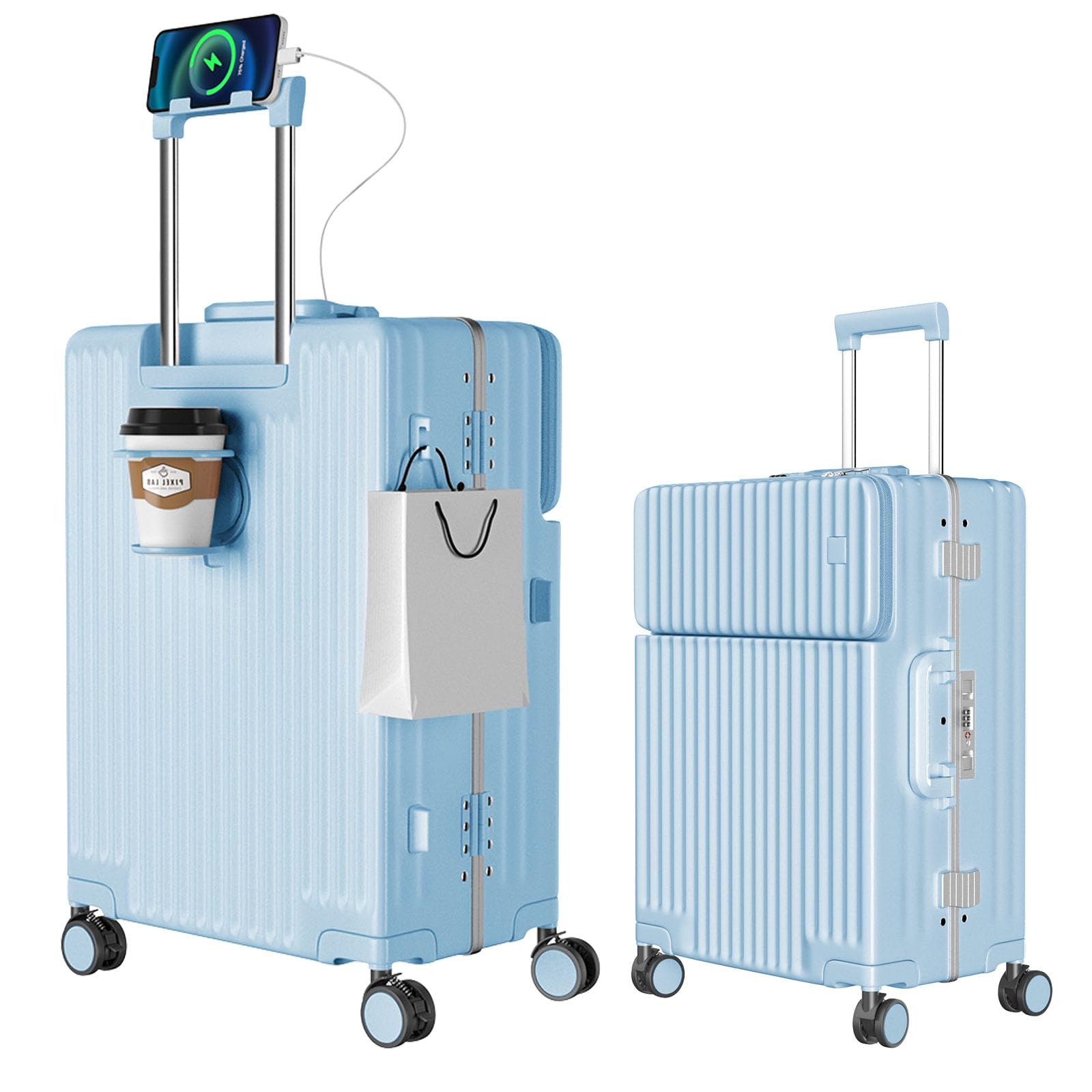 [Ashard] スーツケース 多機能フロントオープン キャリーケース ストッパー付き 機内持ち込み キャリーバッグ 携帯スタンド USBポート付き カップホルダー付き 隠しフック機能 超軽量 耐衝撃 静音 360度回転 ダブルキャスター アルミフレーム