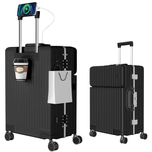 [Ashard] スーツケース 多機能フロントオープン キャリーケース ストッパー付き 機内持ち込み キャリーバッグ 携帯スタンド USBポート付き カップホルダー付き 隠しフック機能 超軽量 耐衝撃 静音 360度回転 ダブルキャスター アルミフレーム ｜RENEW