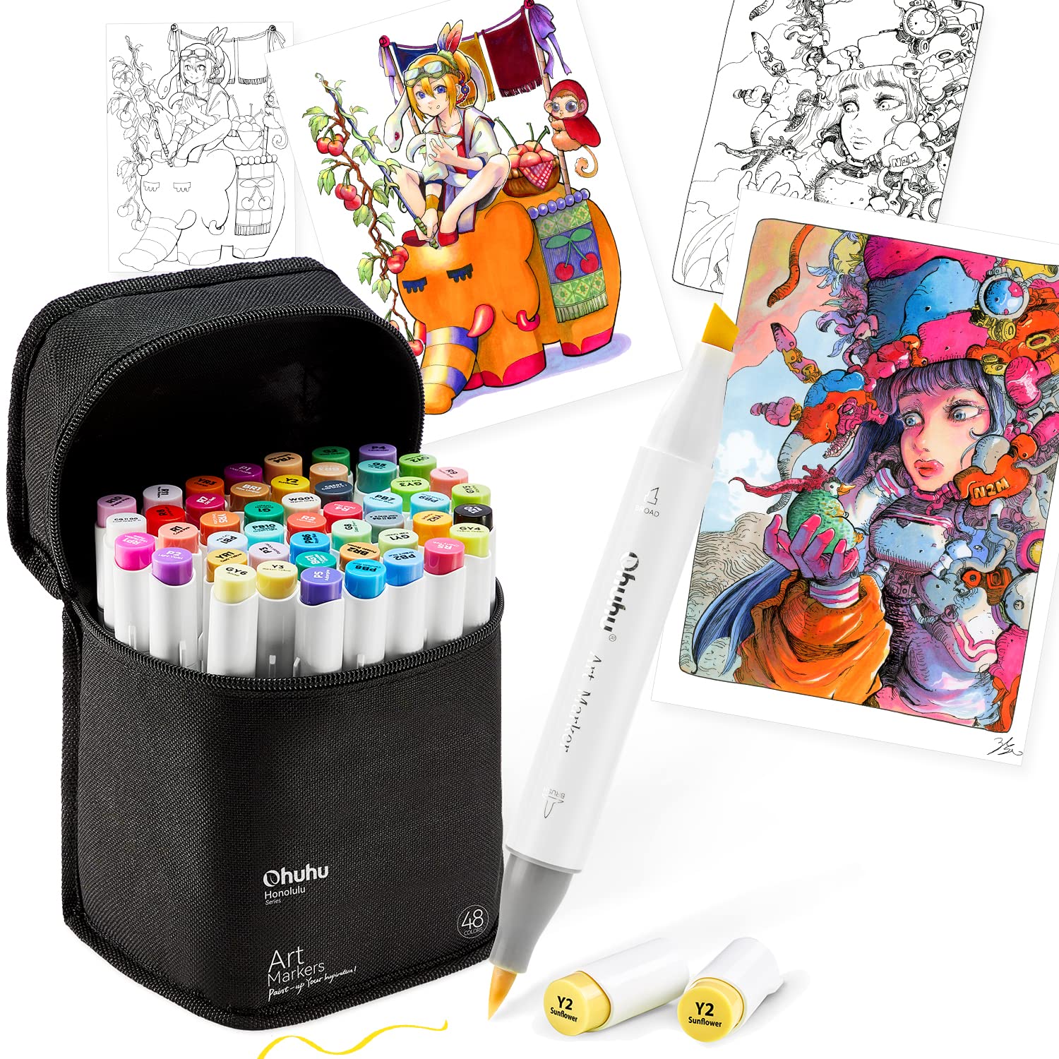 楽天市場】Ohuhu マーカーペン 筆タイプ 48色49本 イラスト 筆・太字