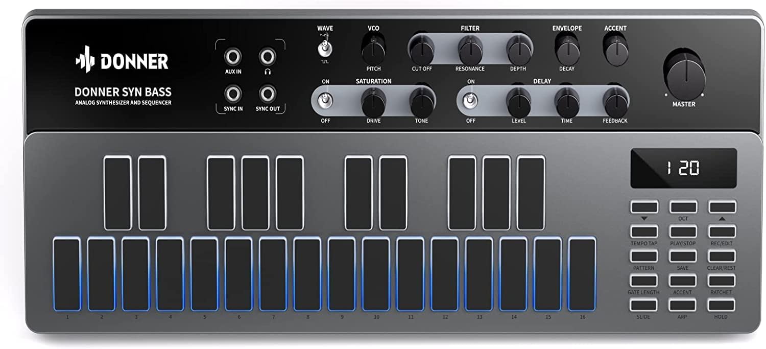 Donner シンセサイザー Essential B1 アナログ ベース シーケンサー 128パターン LEDスクリーン MIDI IN/OUT端子搭載 バックライト USB式 音楽制作 日本語説明書付
