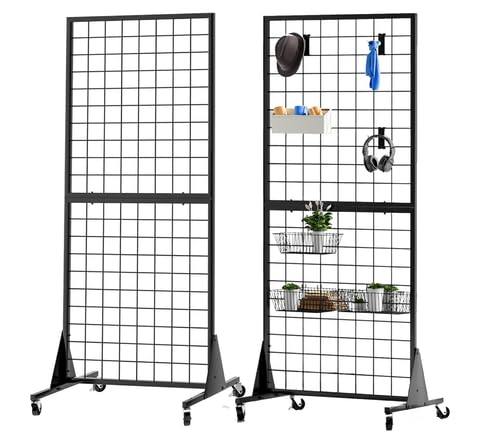 メッシュパネル 自立式 2枚セット キャスター付 高さ160cm 幅60cm 什器 折りたたみ ディスプレイ スタンド 壁面収納 ワイヤー ブラック 展示会 フリマ イベント 掲示板 パーテーション フック40個 結束バンド200本 移動 頑丈 黒｜RENEW