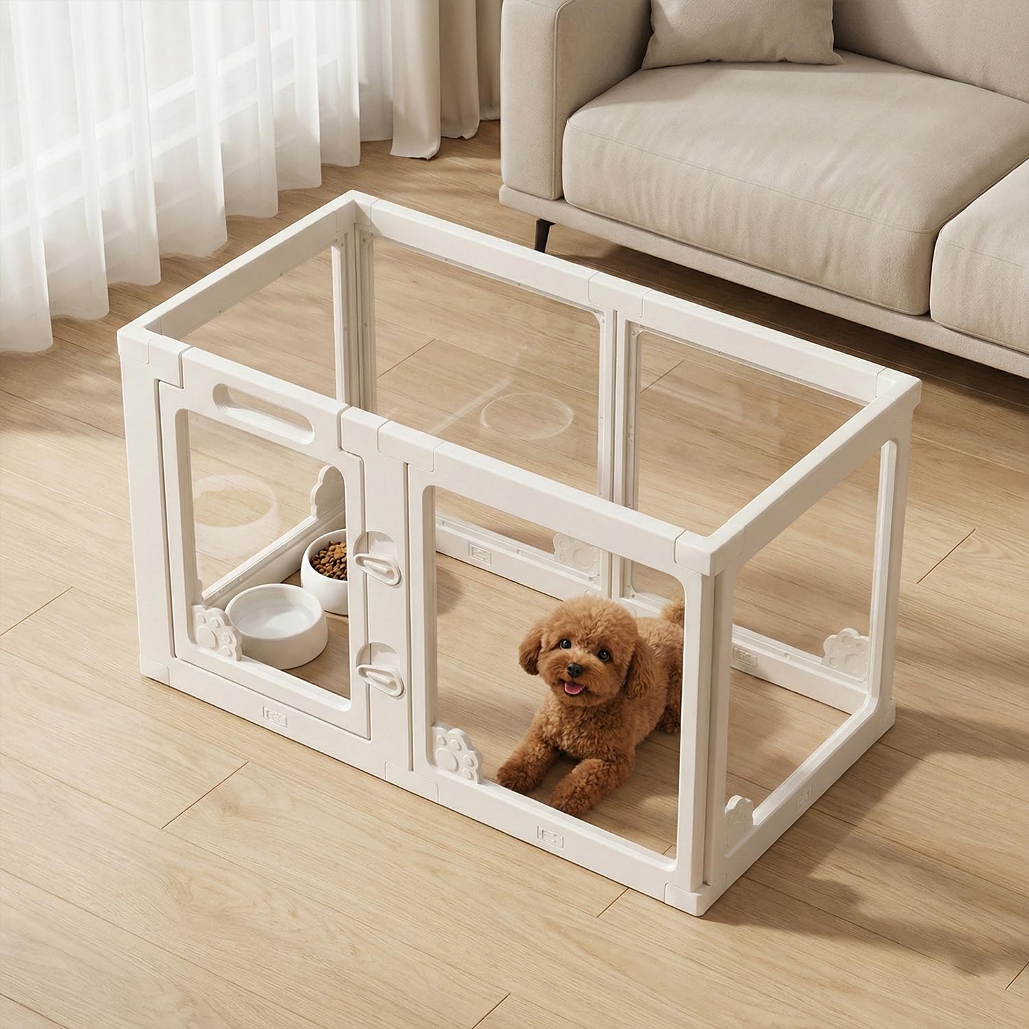 ペットサークル G-AVERIL 高さ 60cm バリアフリー 透明 アクリ パネル 屋内外兼用 ペットケージ 犬用 中型犬/小型犬対応 脱出防止 吸盤付き 滑り止め シンプル 折り畳み式 組立簡単 組み替え可能｜RENEW