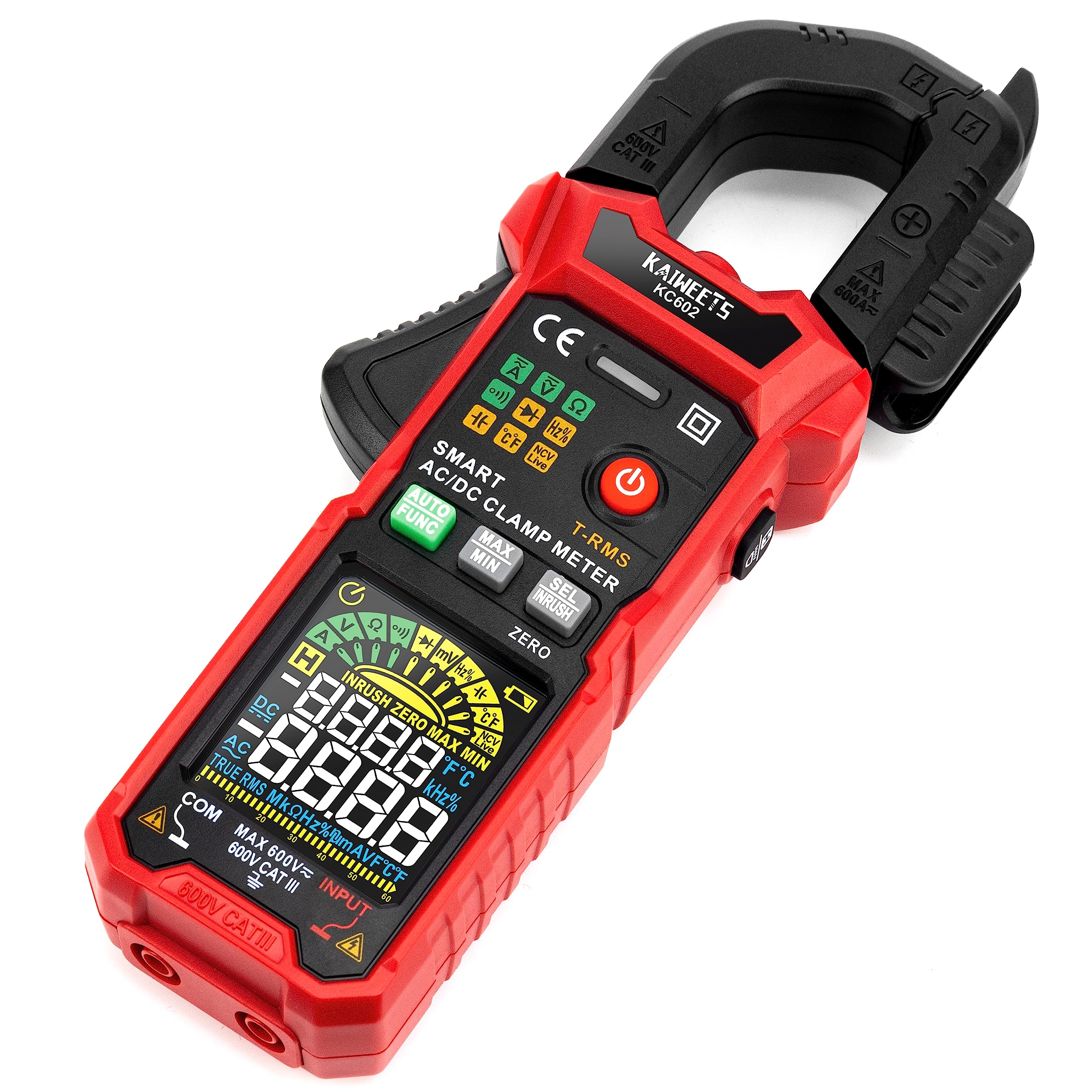 KAIWEETS スマートクランプ メーター AC/DC 電流 電圧 温度 NCV 測定 突入電流機能 D 型の顎 カラー画面 T-RMS 6000 カウント 静電容量 抵抗 ダイオード 導通 KC602