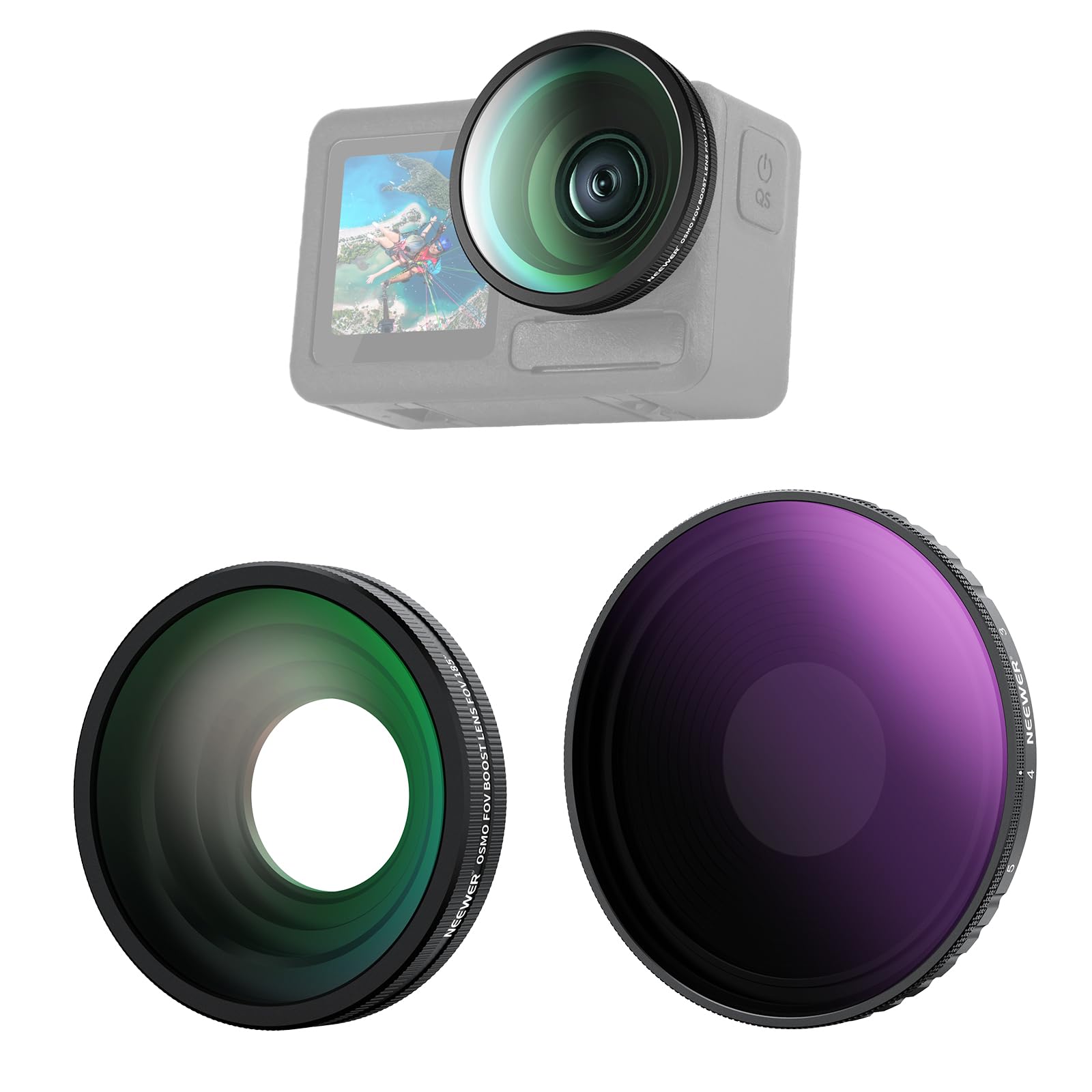 NEEWER 可変NDフィルターキット コンパチブル Osmo Action 5 Pro/4 2枚入り ND8-32(3-5ストップ)+185°FOV 広角レンズ ねじ込み式 減光フィルター 偏光フィルター マルチコート HD光学ガラス カメラレンズフィル