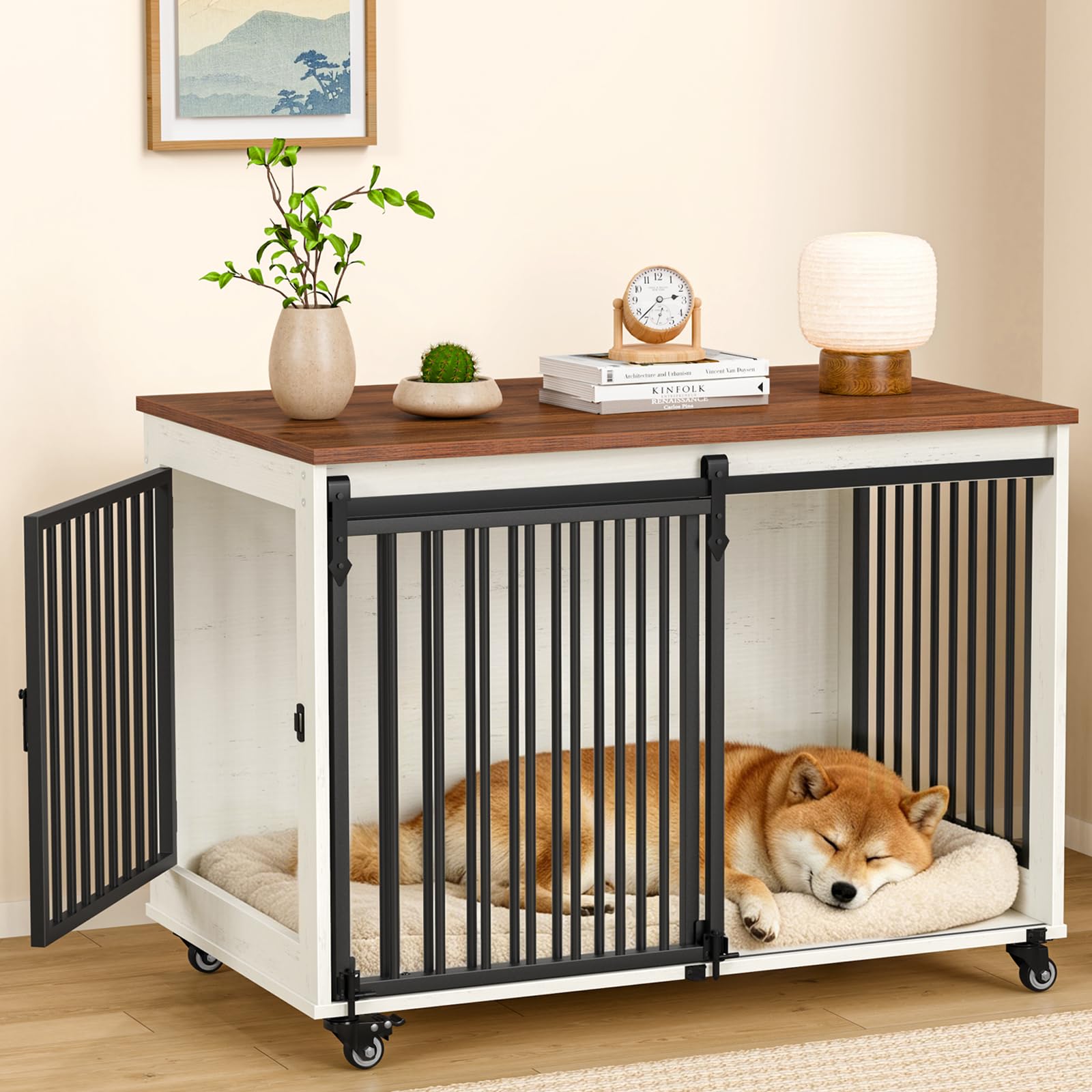 Snughome 犬用ケージ ペットケージ 家具調 木製 木目調 ドッグケージ 小型犬・中型犬対応 ペットサークル 屋根付き キャスター付き スライドドア 両面開き 室内用 ペットハウス おしゃれ 頑丈 脱走防止 掃除簡単|RENEW