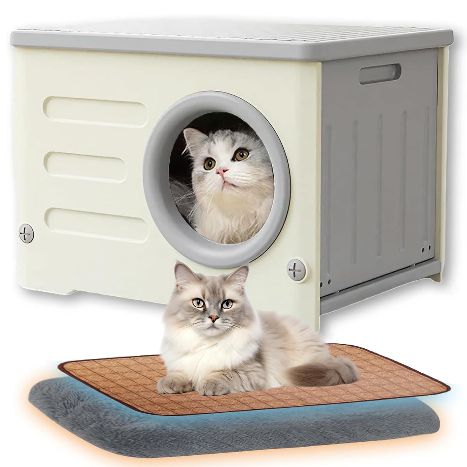 laiqianle 外猫ハウス 屋外 ペットハウス 犬小屋 小型犬用 猫ハウス 屋外用 屋外組み立て キャットハウス 屋外 室内 防水 防風 換気 四季通用 毛布付き 組立簡単 野良猫 避難所 猫 冬用ハウス 冷感マット付き(グレー)