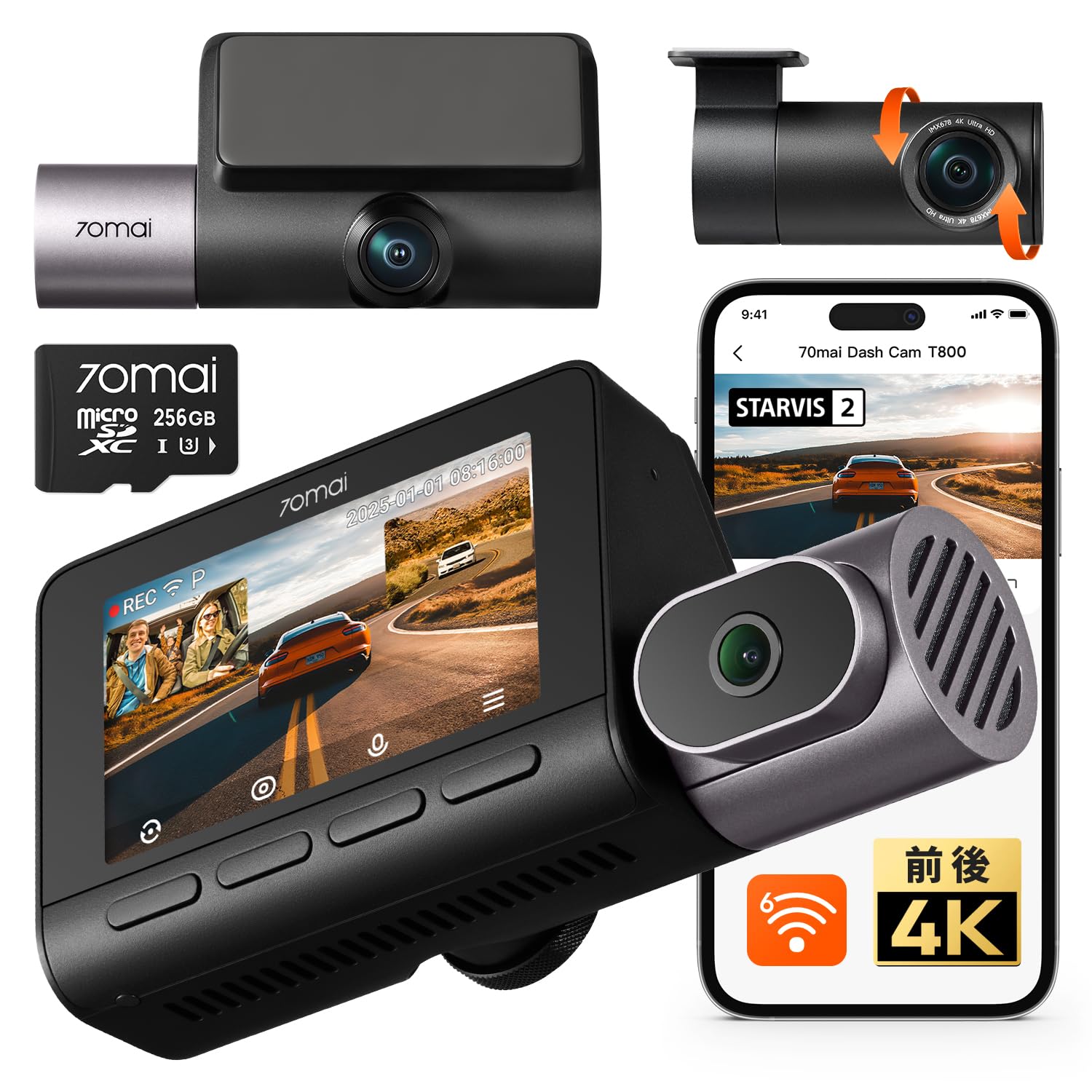 【3カメラ 前後4K 前後STARVIS 2】 70mai Dash Cam 4K T800 ドライブレコーダー F1.7 3カメラHDR SONY IMX678センサ 超強暗視 車内赤外線暗視 音声操作 AI動体検知 WiFi6 GPS ADAS運転支援｜RENEW 43,062円
