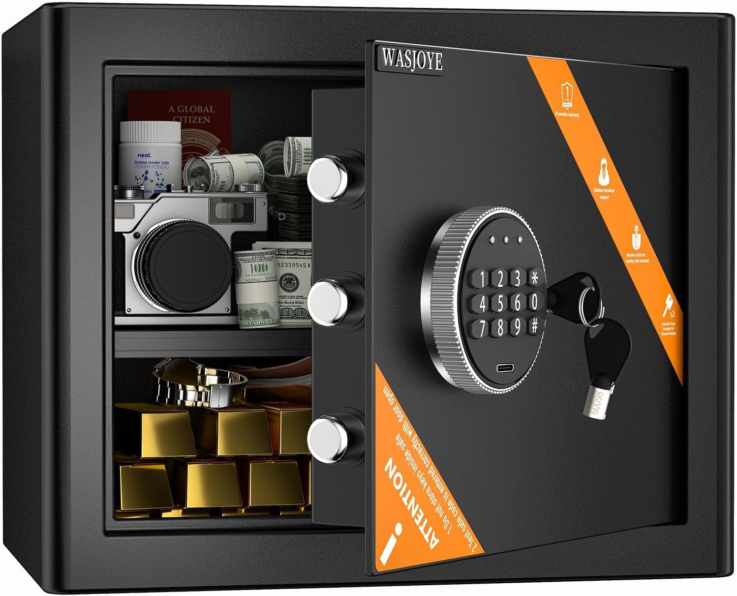 WASJOYE 金庫 家庭用金庫 テンキー式 電子セキュリティーボックス 防犯箱 家庭用 店舗用 業務用 会社用 保管庫 警報アラーム＆鍵付き A4ファイルとA4封筒対応 床・壁に固定可能 日本語取扱説明書 (34.0L)｜RENEW 9,374円