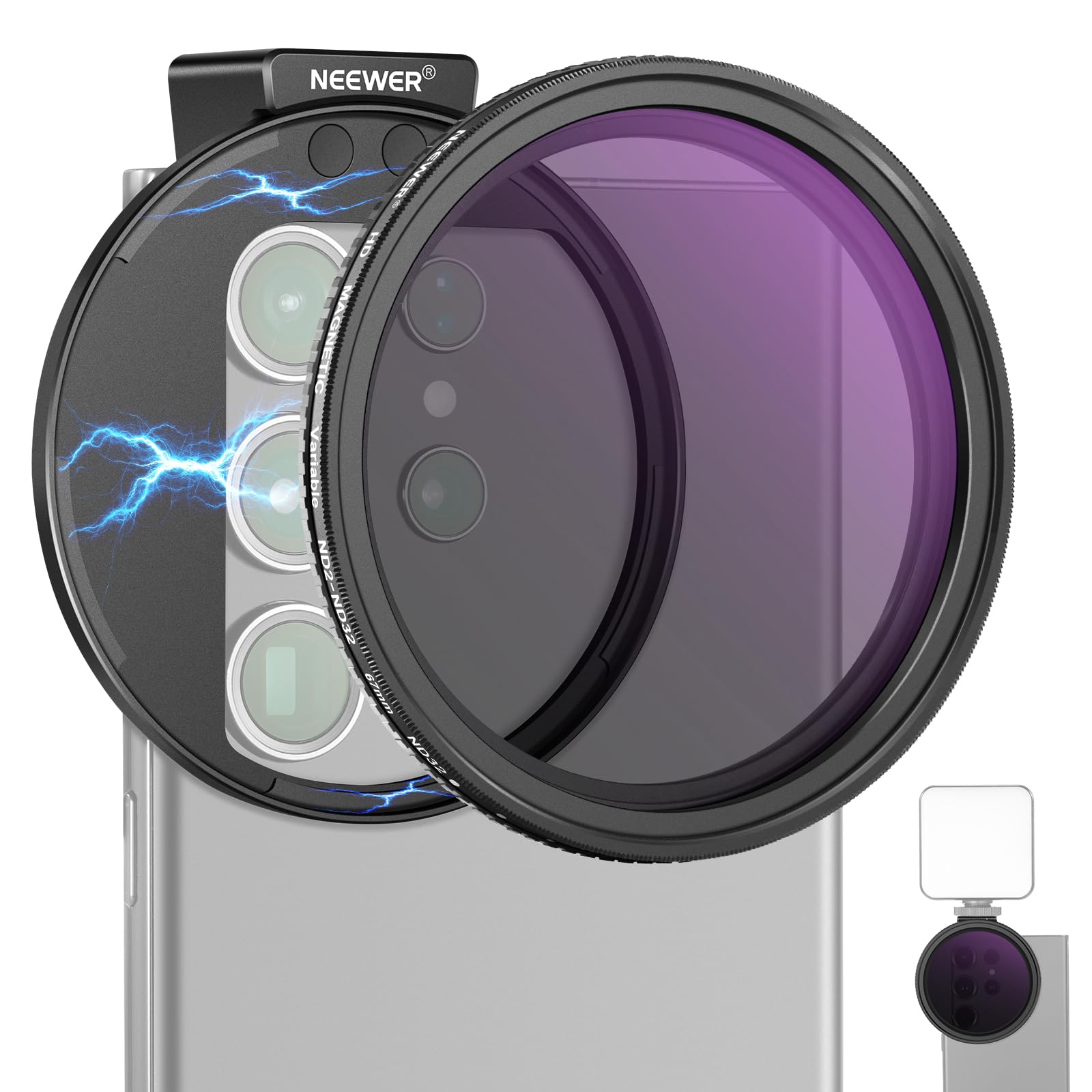 NEEWER 67mm 可変NDフィルター コールドシュースマホレンズクリップ付き HD クリップオン式 磁気ND2-32フィルター 調整可能 マグネット式減光フィルター コンパチブル iPhone 17 Pro Max/16/15/14/Android/
