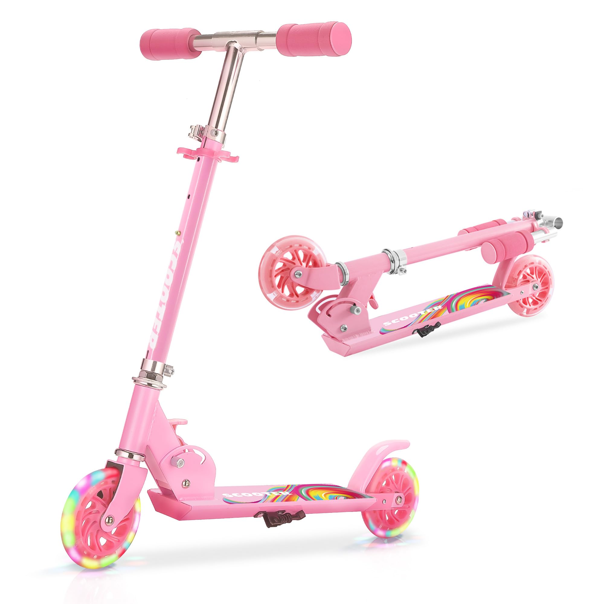 Tenboom キックボード キックスクーター 子供用 LEDタイヤ スタンド付き キッズ スケーター 折り畳み式 持ち運び便利 収納易い 高さ調整可能 男の子 女の子 誕生日/クリスマス/新年/入学お祝い ギフトに最適 桜色