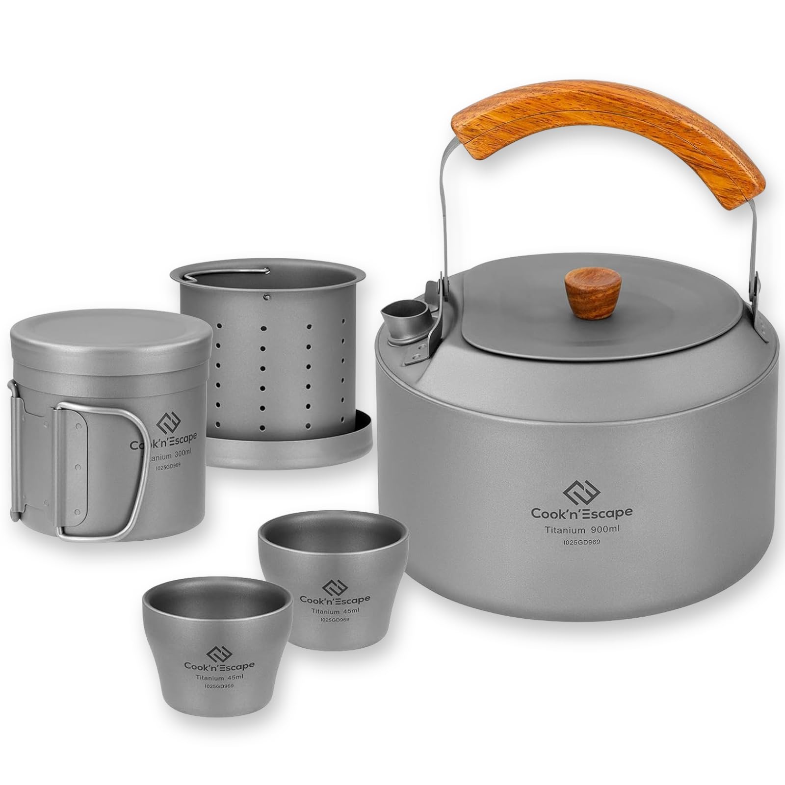 COOK'N'ESCAPE チタン コーヒー＆ティーセット 8点 軽量 コンパクト収納 ティーポット ケトル＆フィルター付き 直火対応 二重構造マグ付 アウトドア キャンプ ソロキャンプ 防災にも