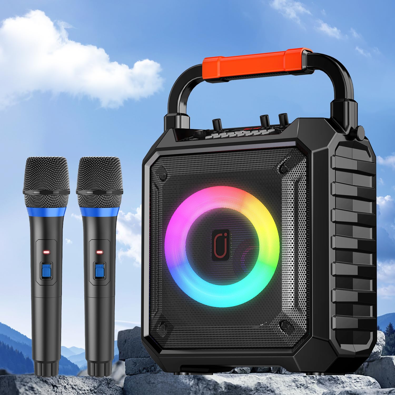 スピーカーセット JYX カラオケセット 家庭用 拡声器 ワイヤレスマイク ２本 Bluetooth 5.1 小型 PAセット 小型 カラオケマシン ポータブルスピーカー SDカード USB AUX Android 対応 ホームパーティー/会議/スピーチ/