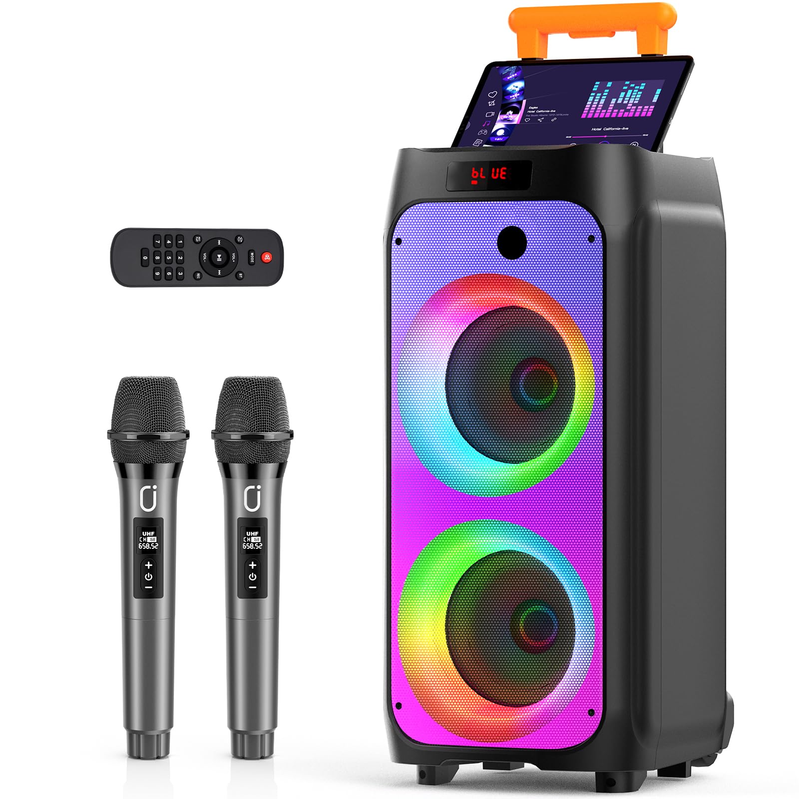 JYX ワイヤレスマイク スピーカーセット マイク二本付き 低音強化機能搭載 充電式 カラオケ、街頭スピーチ、イベントなどに適用|RENEW