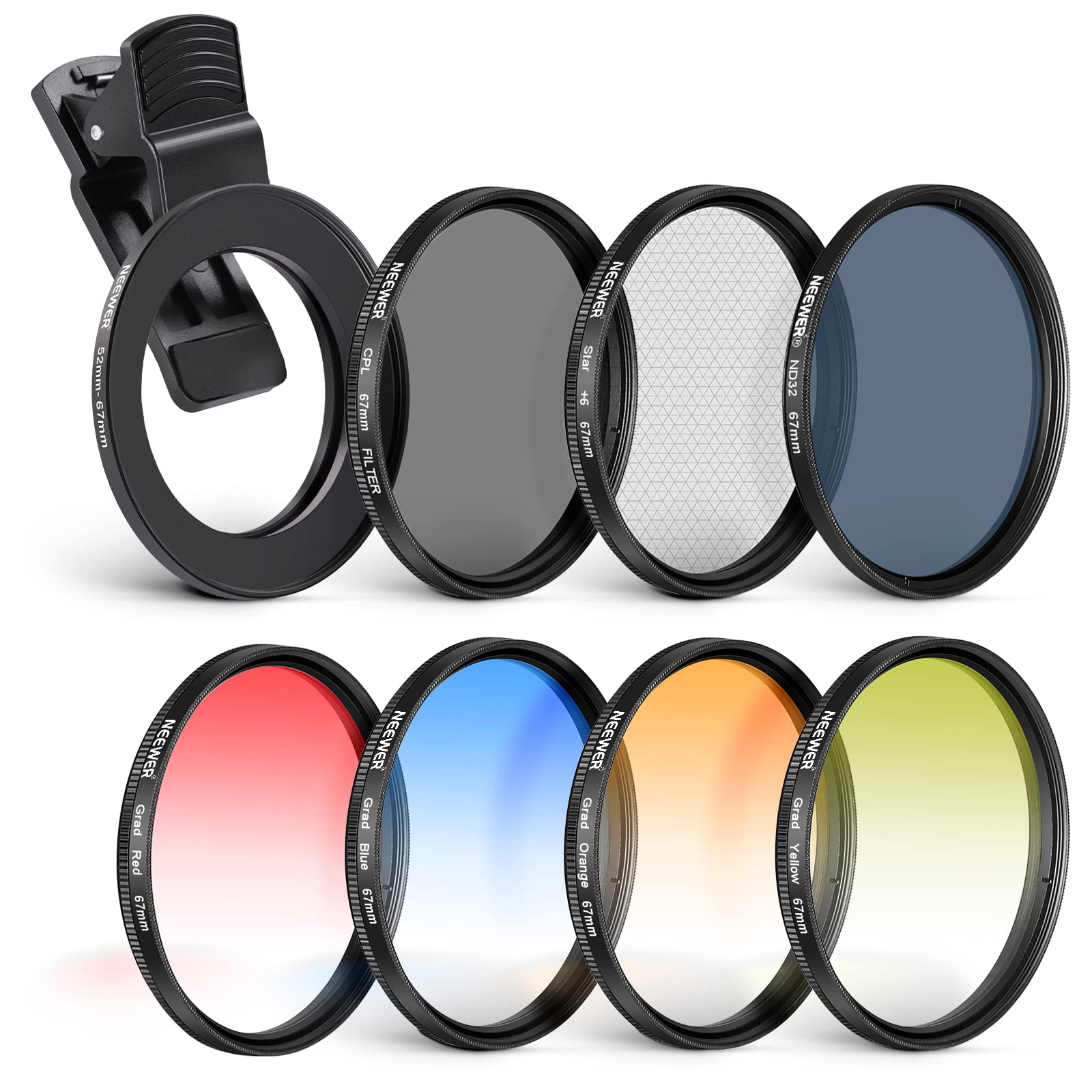NEEWER 67mm ND+CPL+スター+4色グラデーションフィルターセット スマホレンズクランプ付き 減光 円偏光 レンズフィルター コンパチブル iPhone 17/16/16e/15/14/Pro Max Plus/Android/S25 Ult 6,448円