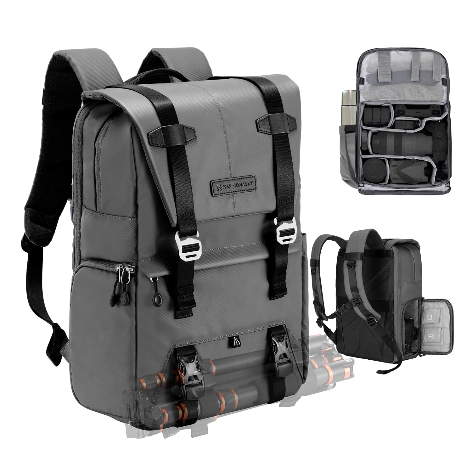 K＆F Concept カメラバッグ おしゃれ カメラリュック カメラバックパック 2気室 20L 大容量 レインカバー付き 撮影バッグ 防水 一眼レフ/DSLRカメラ/レンズ/16インチPC/三脚収納可 出張/旅行/撮影用