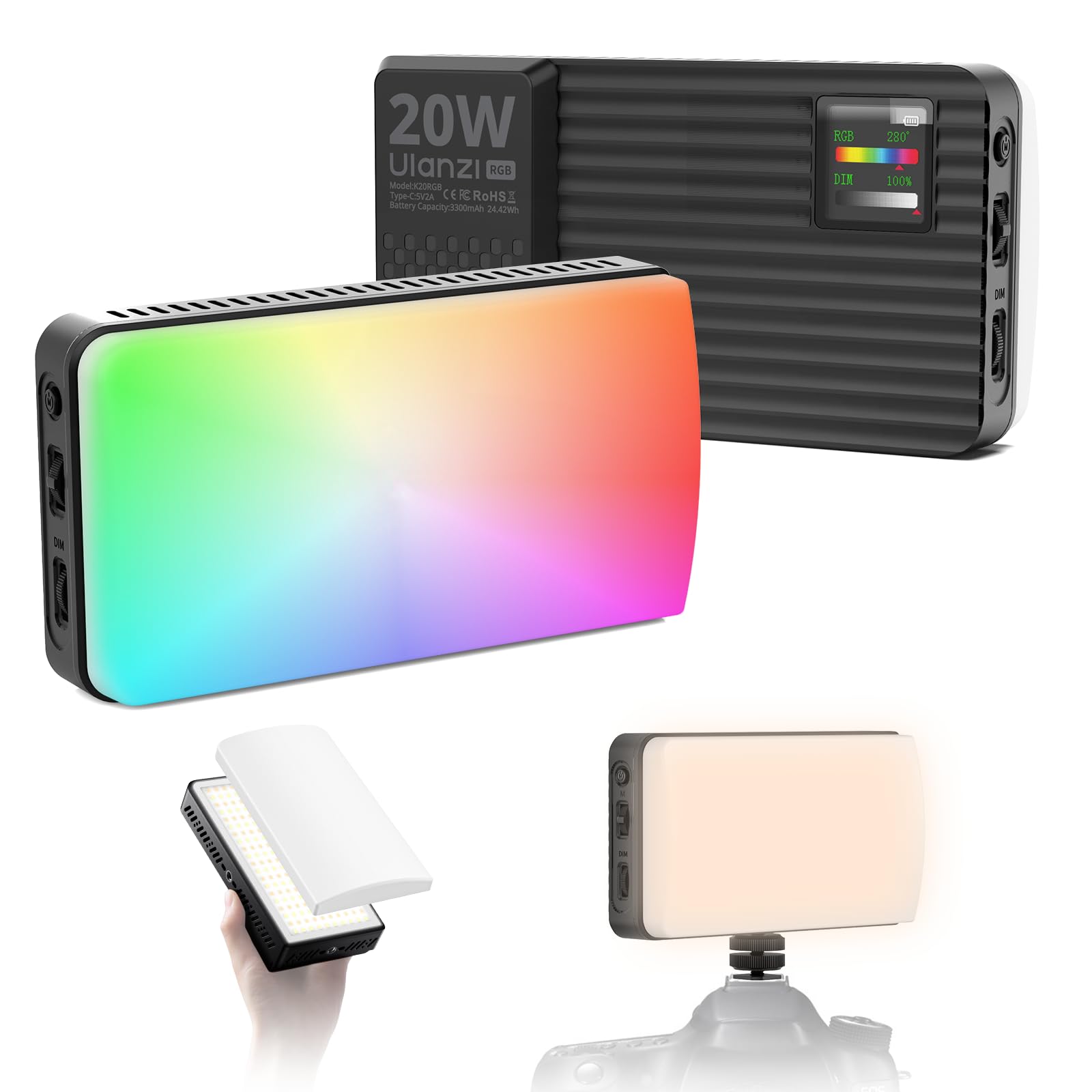 Ulanzi 20W RGBビデオライト ポータブル 撮影用ライト 小型 マグネット機能 1800K-9000K 無段階調光 超高輝度 撮影補助光 CRI 95+/OLED ディスプレイ/20シーンモード/3300mAh 充電式/磁気ディフューザー付き/1