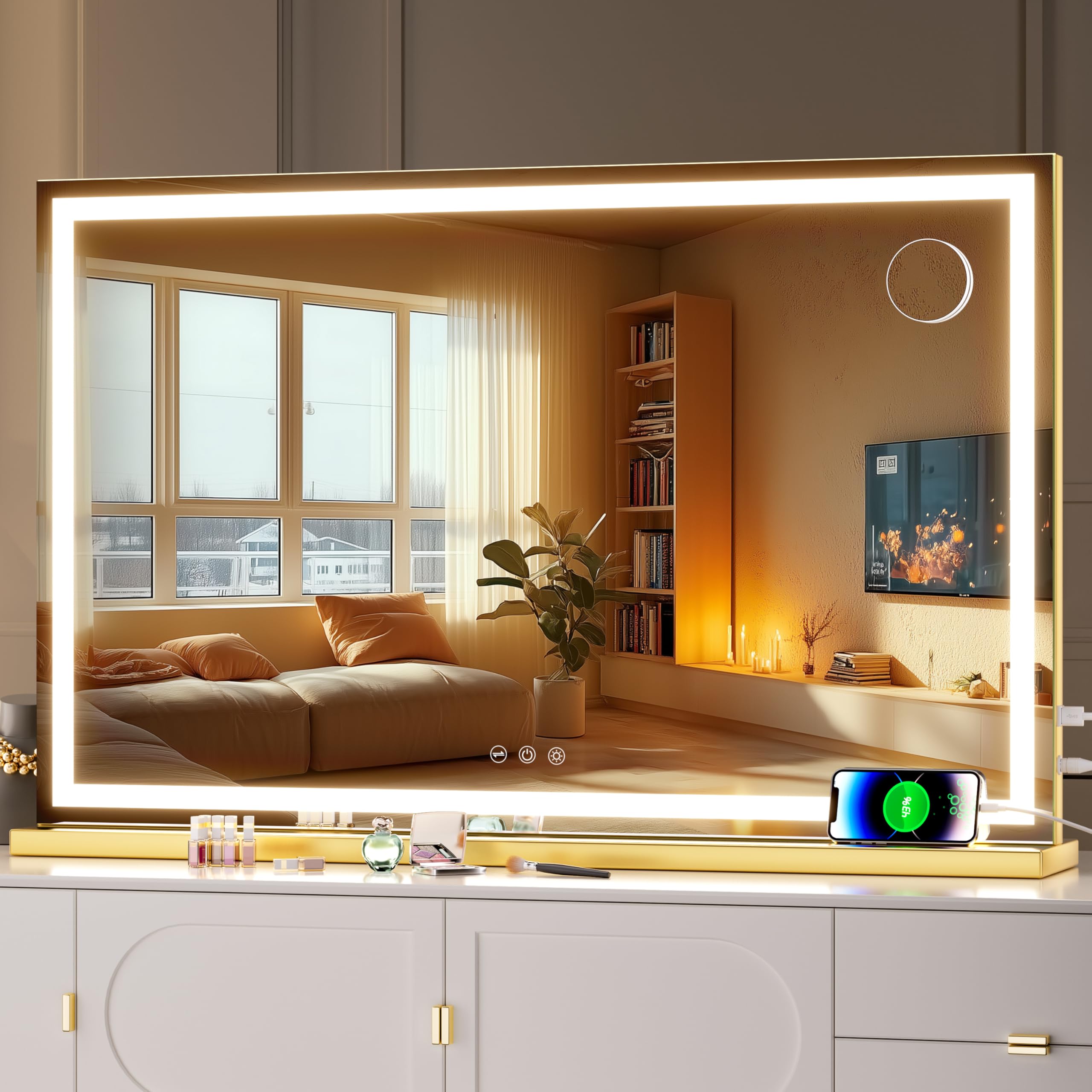 Hasipu 化粧鏡 ライト付き LED メイクアップミラー 調光機能付き 3段階調光 タッチスクリーン操作 化粧鏡 ホワイト (80 × 50 cm - 直角型金)|RENEW