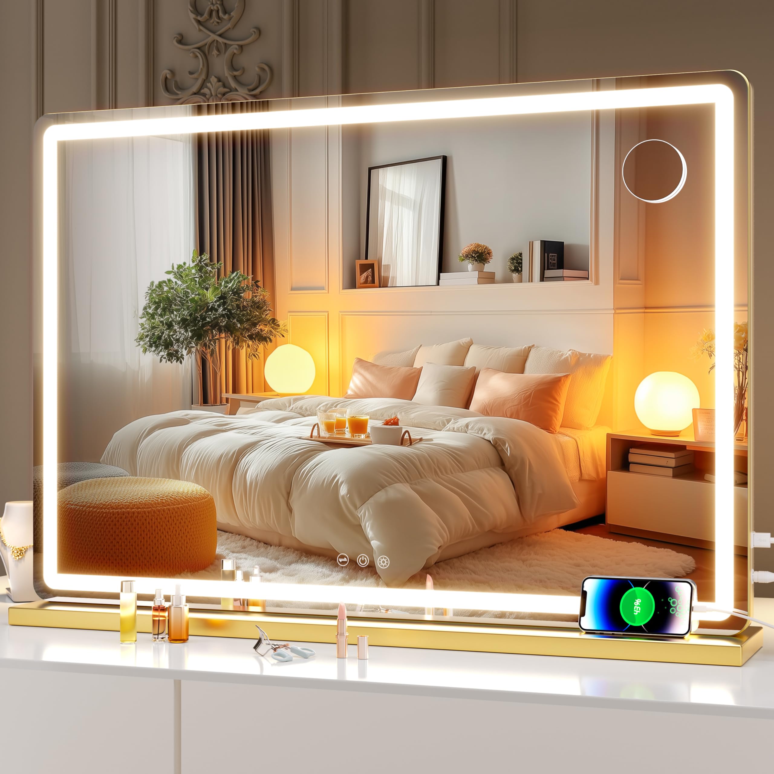 Hasipu 化粧鏡 ライト付き LED メイクアップミラー 調光機能付き 3段階調光 タッチスクリーン操作 化粧鏡 ホワイト (80 × 55 cm - 角丸型金)
