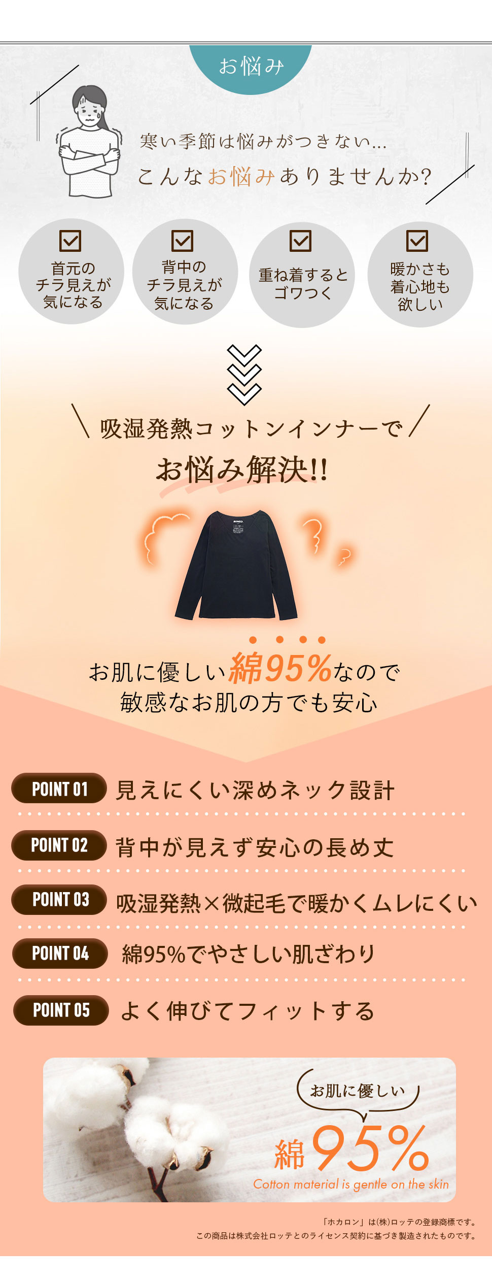 【最大20%OFFクーポン!9/30~10/1】着るホカロン あったかインナー レディース 長袖 7分丈 綿混 カップなし Uネック バレーネック インナー S M L LL 3L 綿95% インナーシャツ 肌着 下着 暖かい 吸湿発熱 冬 保温 あったか インナー 防寒 トップス ラグラン 大きいサイズ