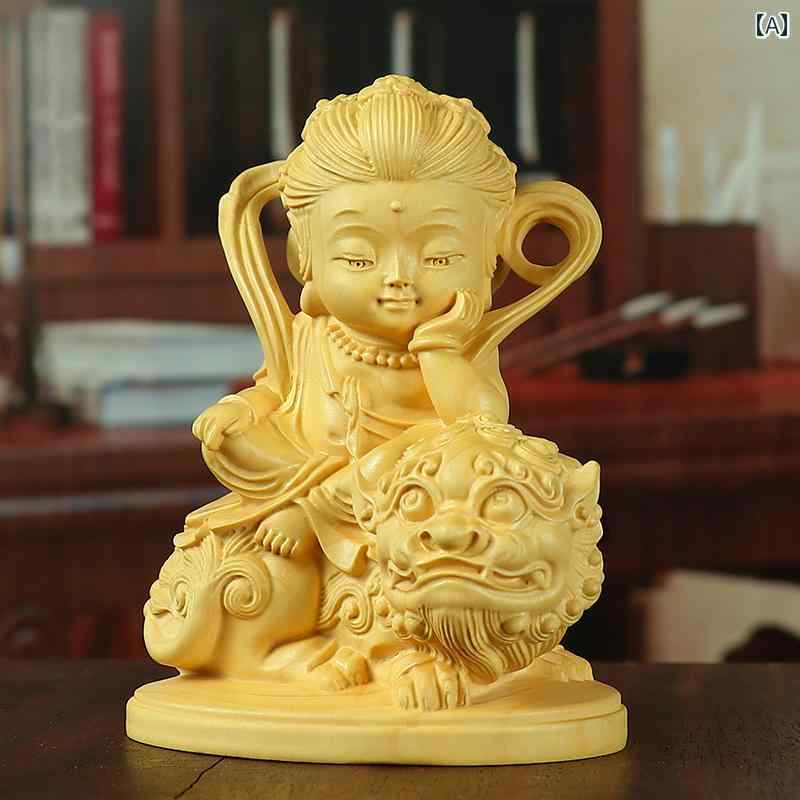 インテリア オブジェ おしゃれ ツゲの 木彫り 文殊菩薩 普賢 菩薩 木製 彫刻 出生 仏 手 彫り家の 装飾 卓上 装飾品