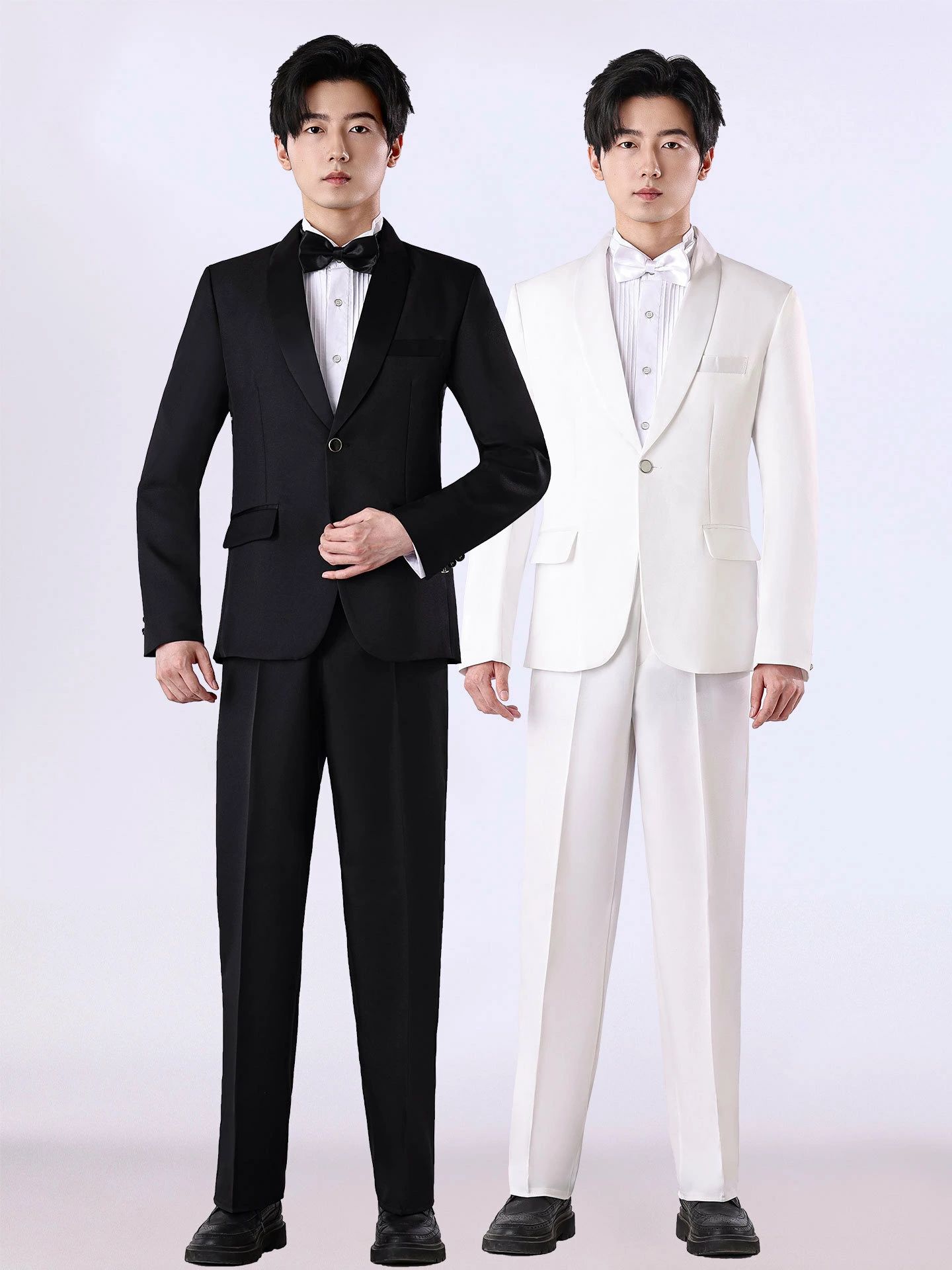 メンズスーツ 上下セット 1個ボタン 蝶ネクタイ付き ジャケット パンツ 礼服 合唱 ステージ衣装 舞台スーツセット タキシード 舞台衣装 ステージ演出服 司会者 カラオケ フォーマルスーツ パーティー 結婚式 年会 撮影衣装カラフル ジャズダンス衣装 黒 白 イベント 発表会