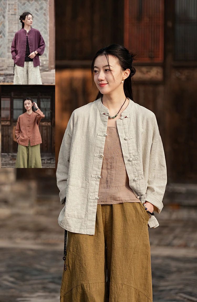 レディースシャツ リネンシャツ スタンドカラー 長袖シャツ 太極拳服 綿麻シャツ カジュアルシャツ レディースファション 女性 Ｔシャツ 穏やか 爽やか シンプル普段着 3色 エレガント 中華風 チャイナ風 朝練 薄手 カラムシ 紫 オフホワイト オレンジ オーバーサイズ