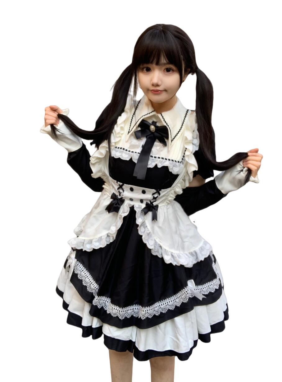 4点セット 華やかメイド衣装 レディース ハロウィン コスプレ衣装 つけ袖 半袖 ブラック ロリータ メイドドレス ワンピース エプロン 舞台劇 オペラ コスチューム 演出服 ゴシック イベント 団服 応援団 喫茶店 文化祭 舞台衣装 イベント パーティー 学園祭 キャラクター
