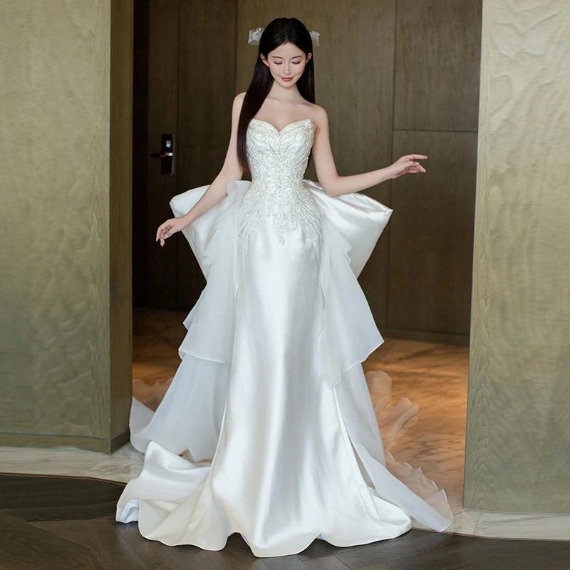 ロングドレス ウェディングドレス 花嫁ドレス 二次会ドレス スレンダーライン エレガント シンプル ノースリーブ フィッシュテールフレンチ ハネムーン 披露宴 後撮り 前撮り お呼ばれ 結婚式 パーティー 二次会 フォマール 演奏会 ホワイト ドレストレイン｜Renoportショップ店
