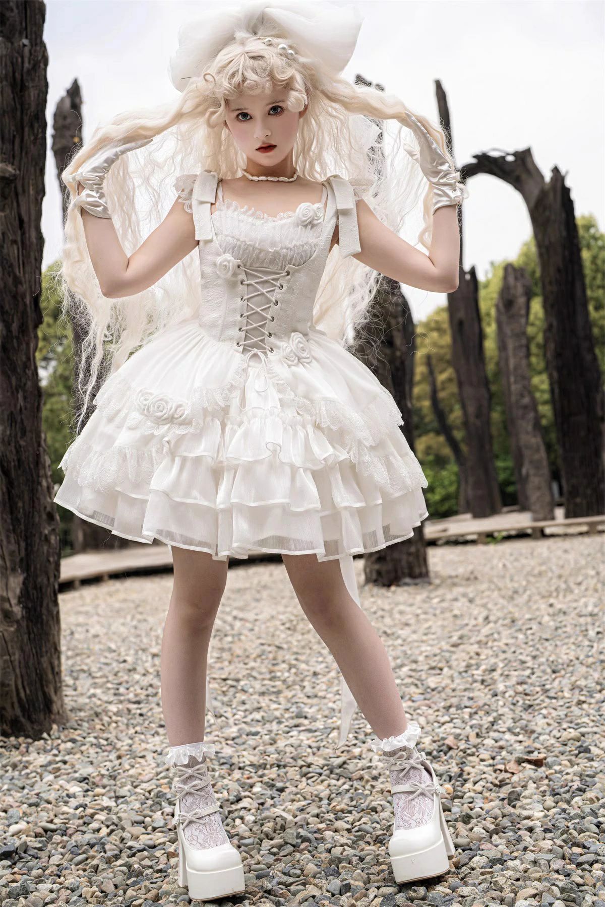 2点セット ホワイトロリータ ワンピース 天使風 花嫁風 キャミソール ワンピース 花柄 ノースリーブ コスプレ衣装 コスチューム 膝丈 フリル レース ケーキドレス レディース 萌えロリ プリンセス風 お姫様 個性的 Lolita 可愛い ハロウィン 文化祭 学園祭 イベント S M L