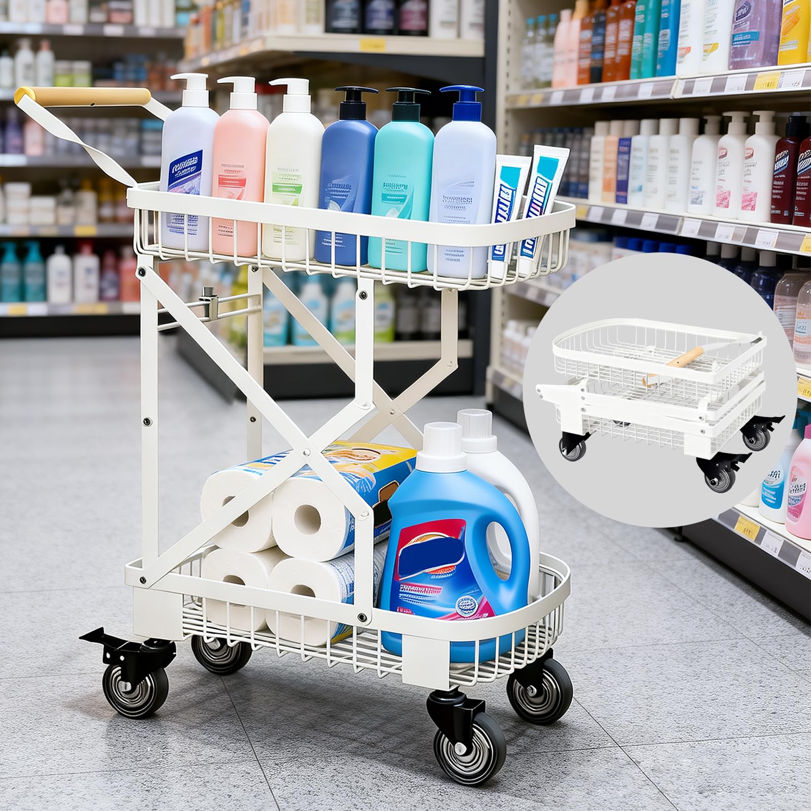 耐荷重40 キッチンワゴン ショッピングカート 折り畳み 大容量 収納力 ワイヤーカート 組立簡単 キッチンワゴン キャリーカー ト 2段