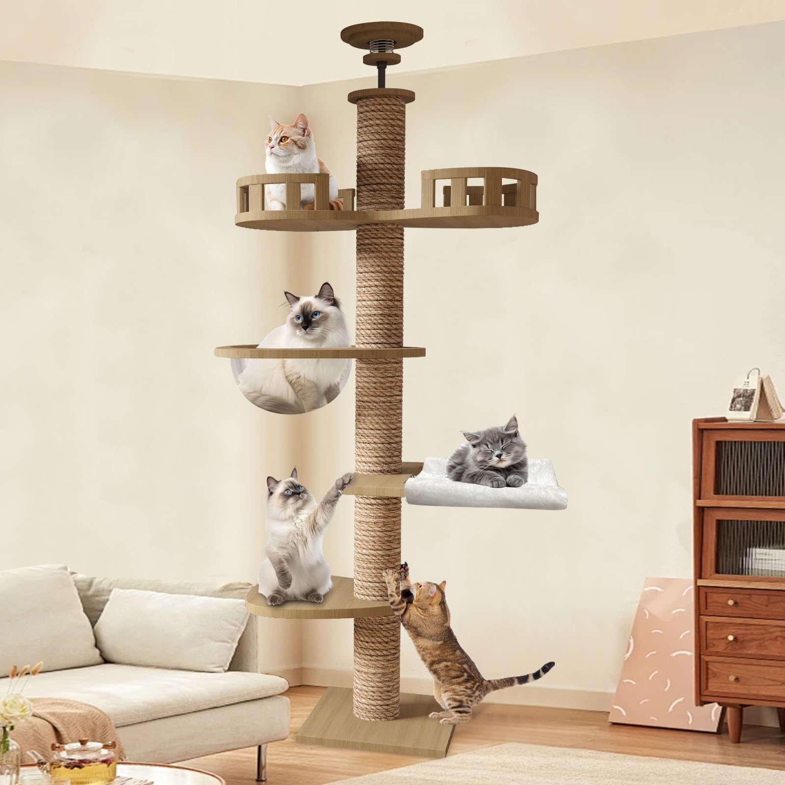 キャットタワー 突っ張り 木製 キャットツリー 木登りタワー 多層無垢材 太い支柱 スリム 宇宙船 ハンモック 多頭飼い 大型猫用