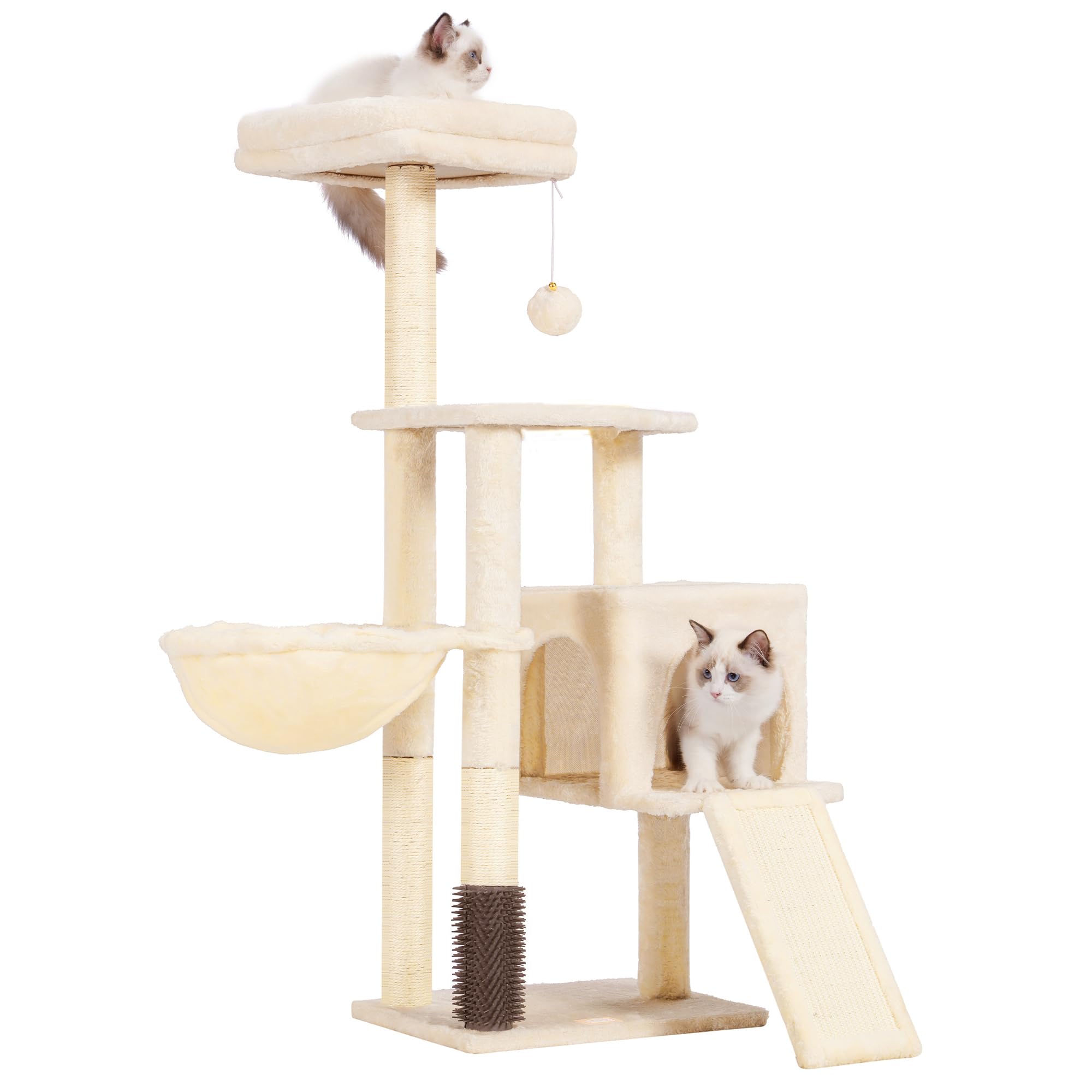 キャットタワー 子猫とシニア猫に最適 超スリム 据え置き型 省スペース 登りやすい ハンモック天然麻ロープを使用した爪研ぎボード