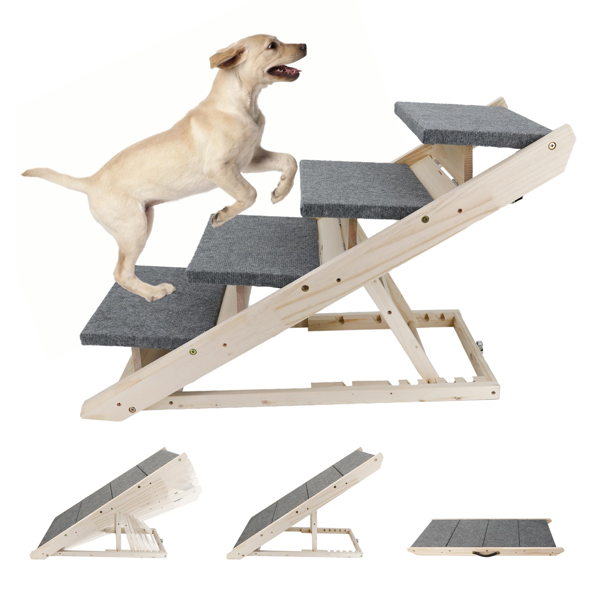 犬用スロープ ペット階段 2in1 両用 折り畳み ステップ 六つ高さ調節可能 木製 滑り止め 組立不要 収納便利 取っ手付き 小型 大型 猫