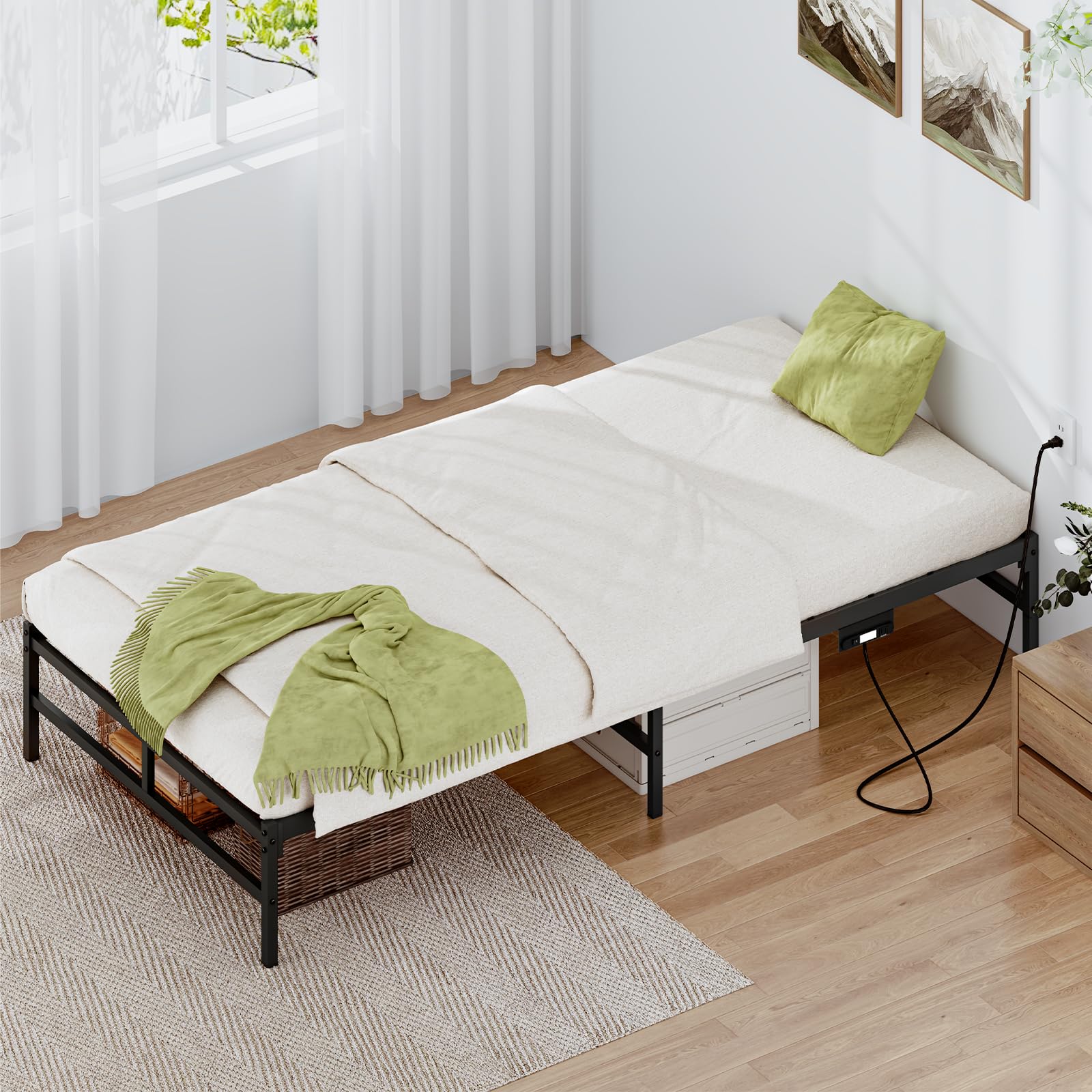 パイプベッド ベッドフレーム 幅97.5奥行き202.2高さ29.5cm すのこ 静音 シングル bed frame コンセント付き LEDライト付き 通気性|renos店
