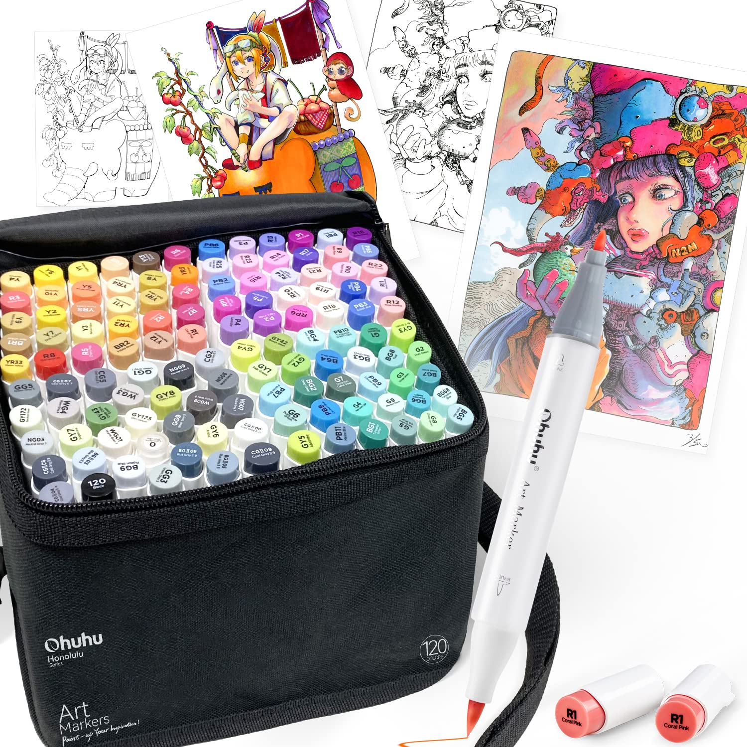 【クーポンで10％OFF?】【送料無料】Ohuhu マーカーペン 筆タイプ 120色121本 プロ愛用 イラスト イラストマーカー 筆?細字 ブレンダー