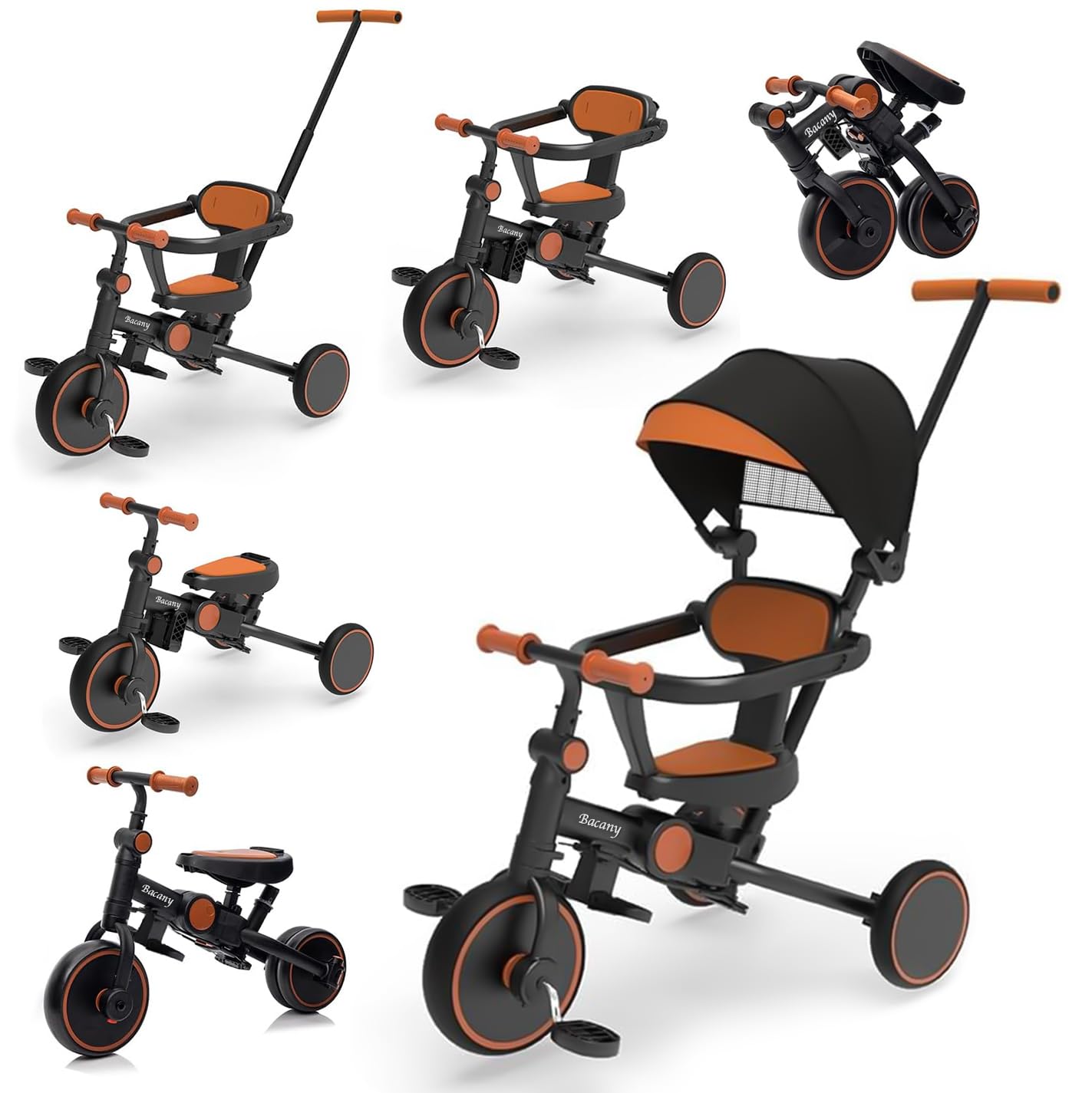 【クーポンで10％OFF?】【送料無料】Bacany 子供用三輪車 7in1 三輪車 ステップ付き 折りたたみ 手押し棒 おしゃれ 1歳-6歳 子供バイク