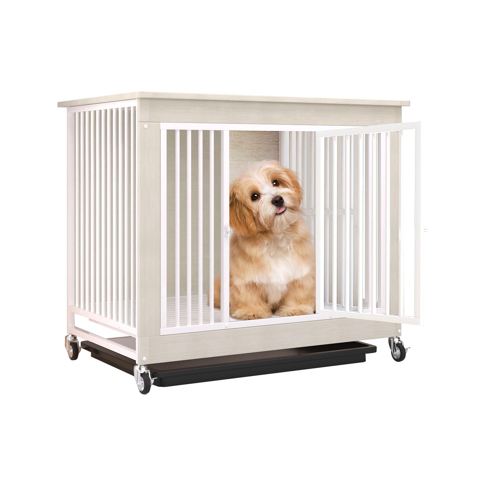 犬ケージ 小型犬 屋根付き ウッディサークル 犬小屋 中型犬 キャスター付き 木製 トレー付き 幅 80&times;奥行52&times;高さ77cm(ホワイト, S)｜renos店 13,830円